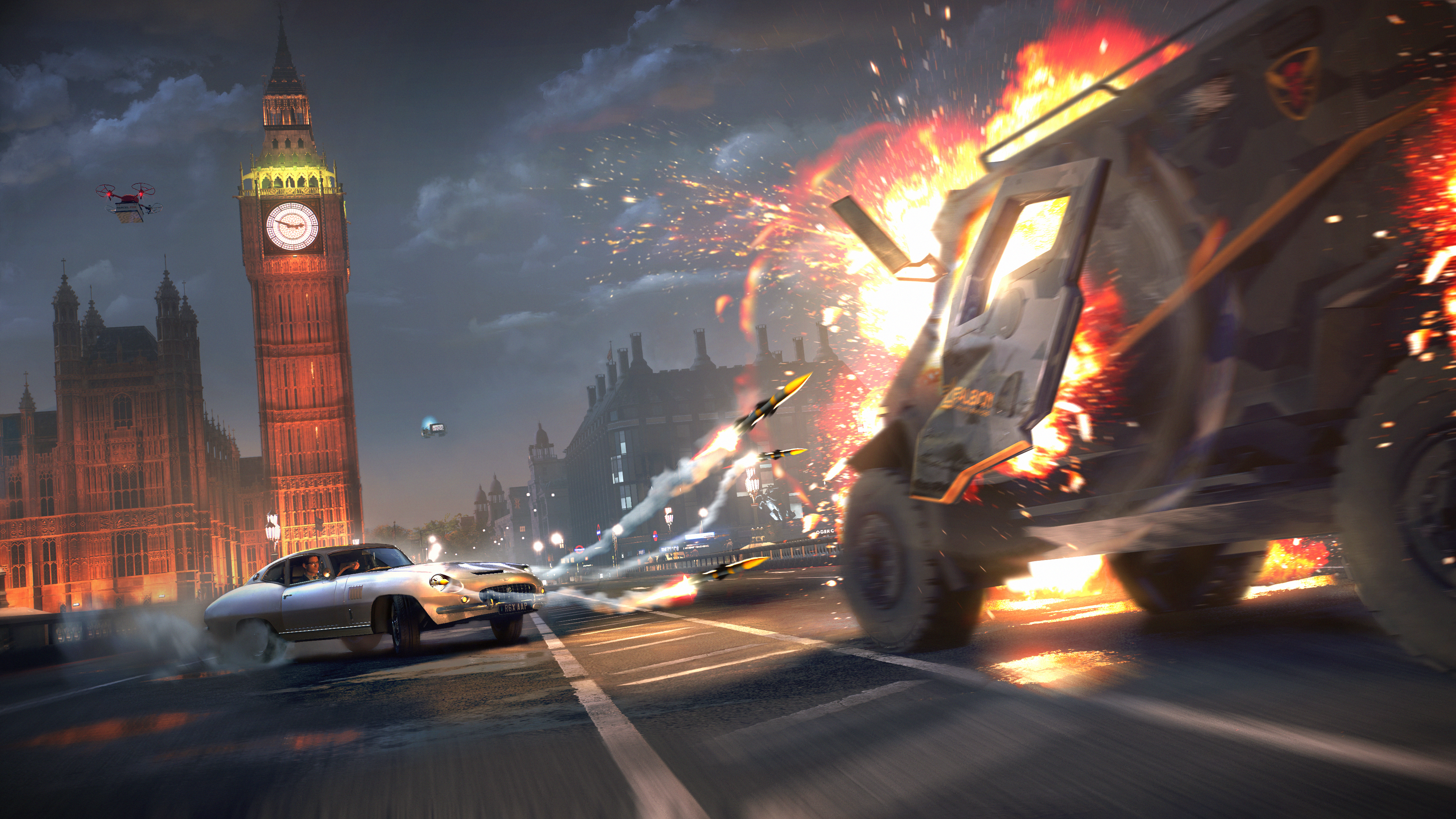 A spy car fires missiles in front of Beg Ben in Watch Dogs: Legion