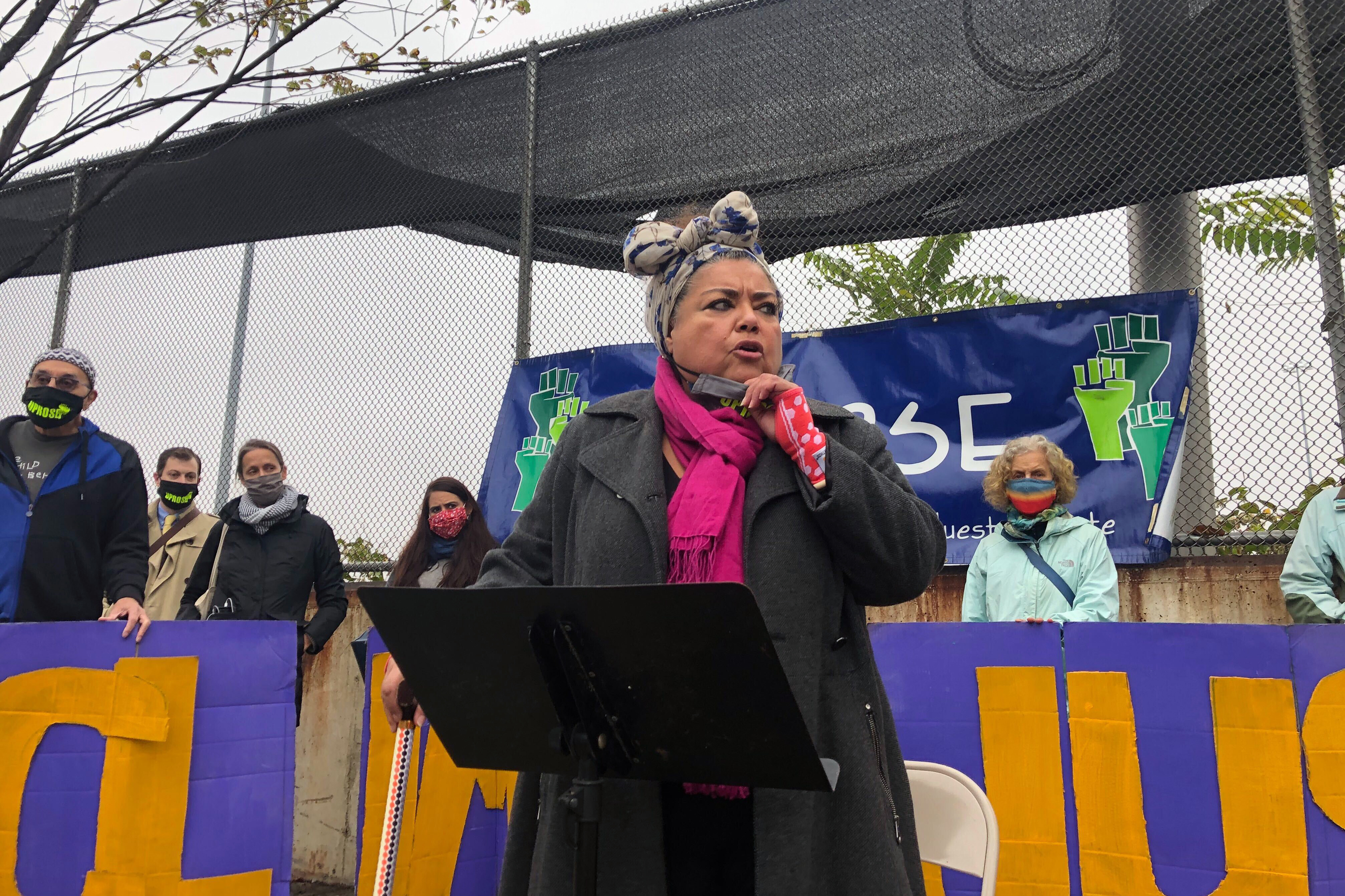 UPROSE Executive Director Elizabeth Yeampierre speaks at a press conference calling for the state to invest $200 million to turn the South Brooklyn Marine Terminal into an offshore wind port and clean energy hub, Oct. 28, 2020.