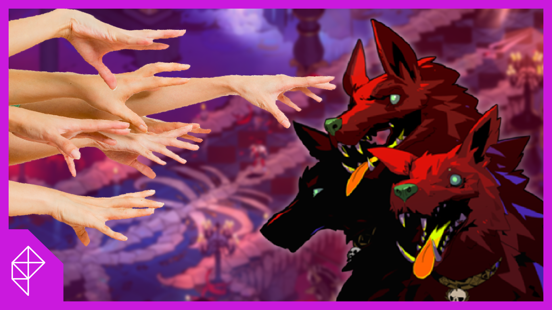 A cluster of hands reaching out to pet Cerberus, from the game Hades