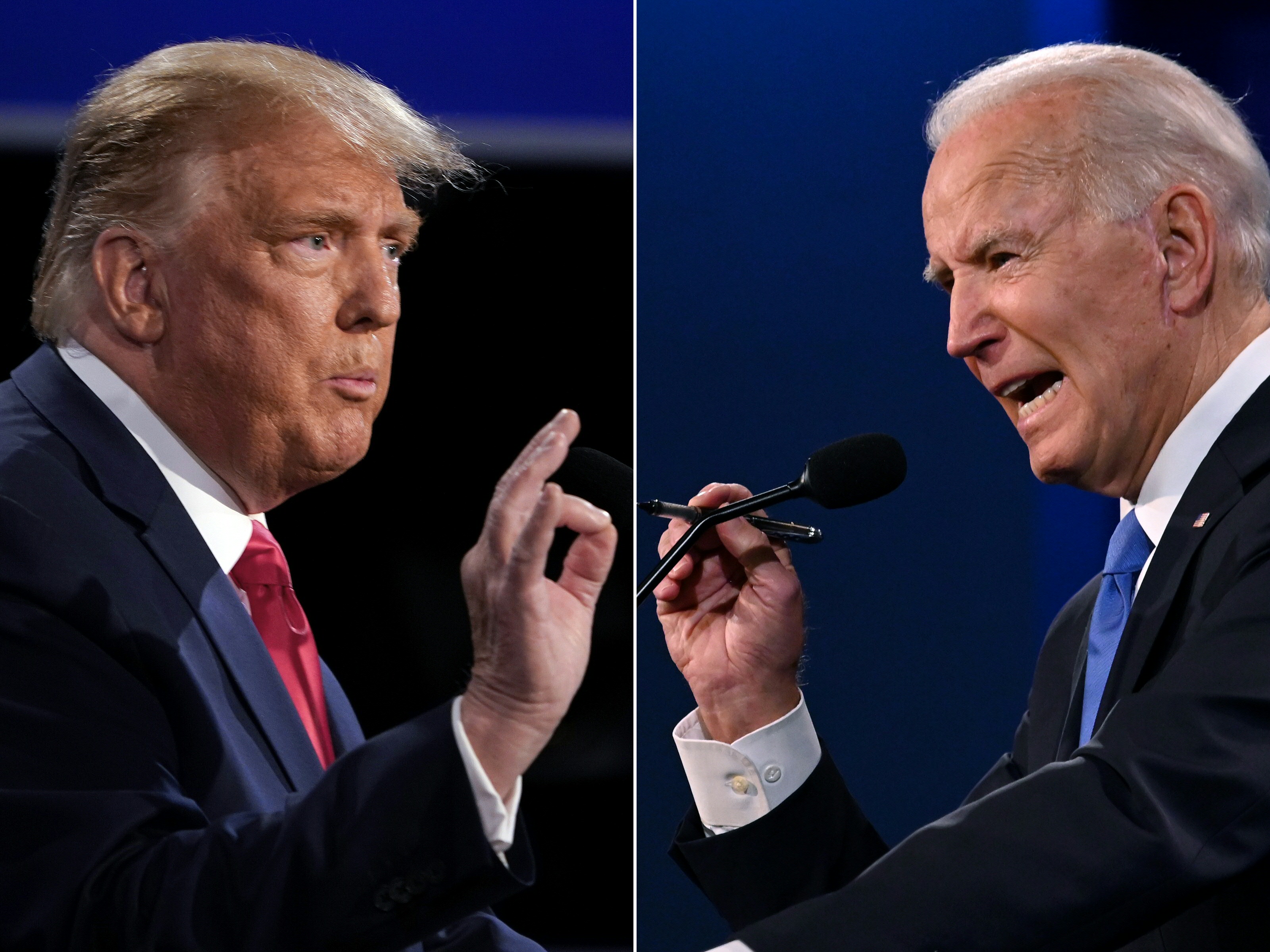This combination of pictures created on October 22, 2020 shows US President Donald Trump and Democratic Presidential candidate and former US Vice President Joe Biden during the final presidential debate at Belmont University in Nashville, Tennessee, on October 22, 2020.