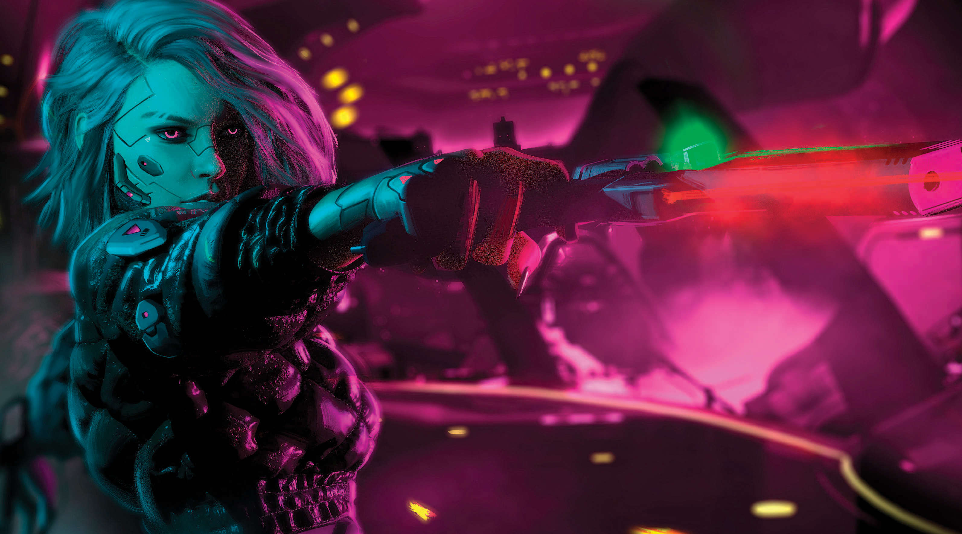 An edgerunner wearing light armorjack points their gun at a target. All against a neon backdrop.