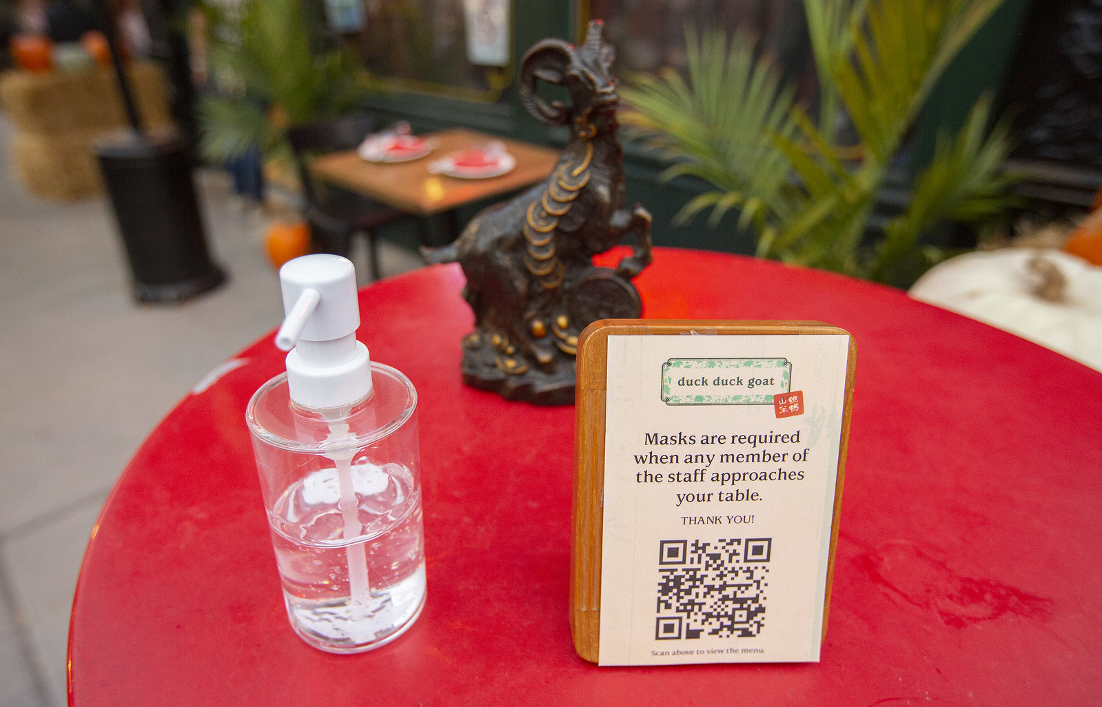 A red table with hand sanitizer and QR code, plus a goat statue.