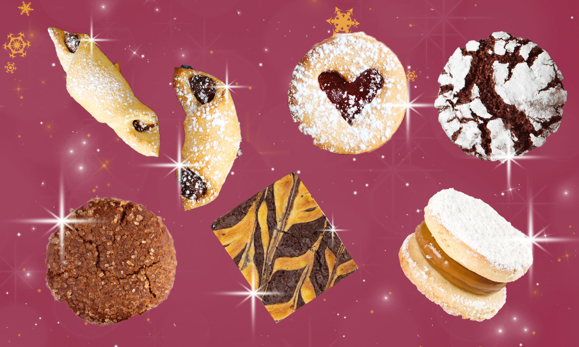 Different styles of cookies — including linzer, ruguleh, chocolate crinkle, and sandwich cookies — on a sparkly background.
