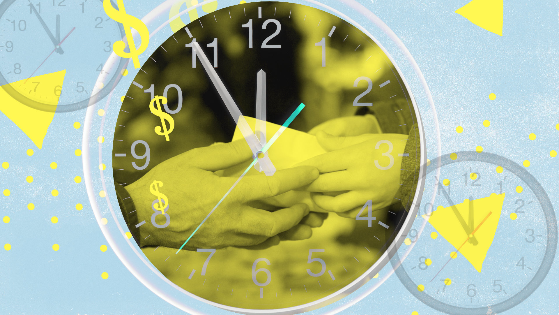 An image of an adult’s hands and a child’s hands exchanging a piece of paper, over which a clock face is seen.