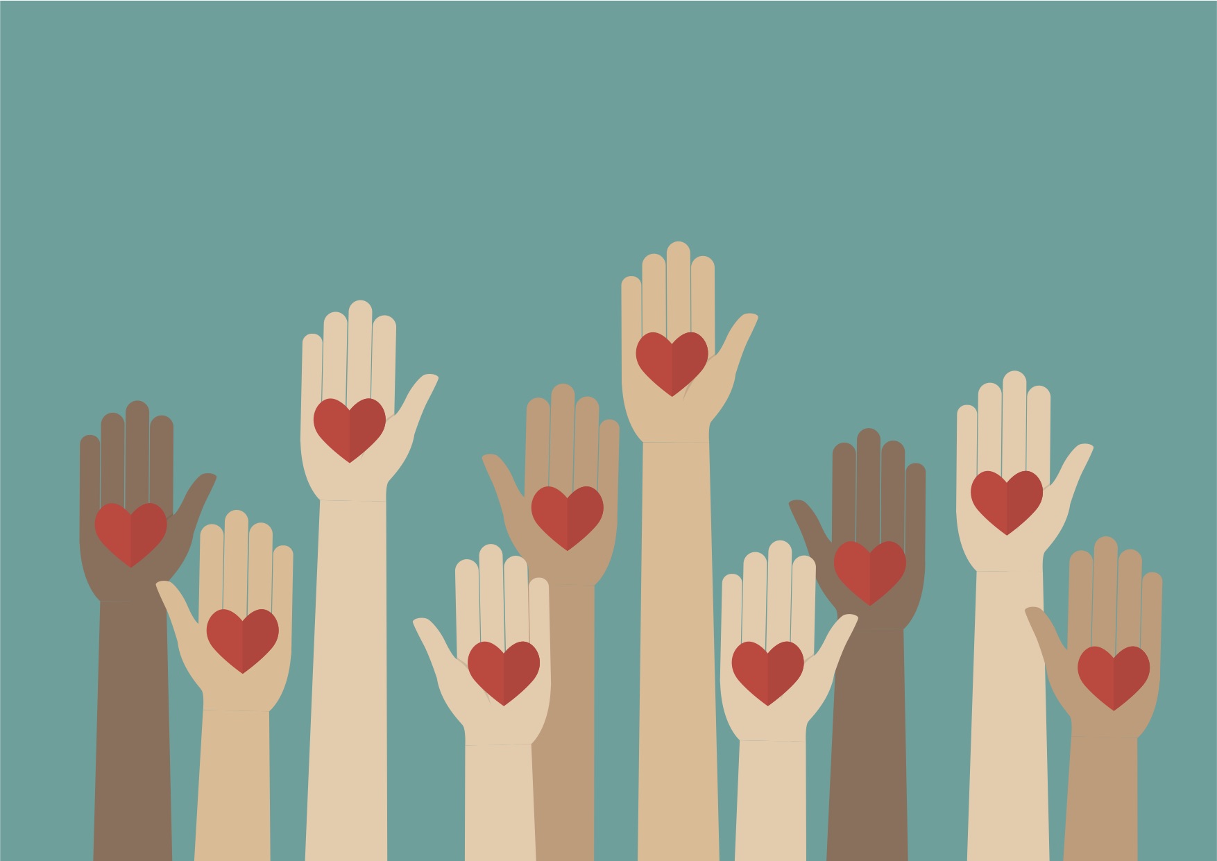 An illustration of raised hands, each with a heart on its palm.