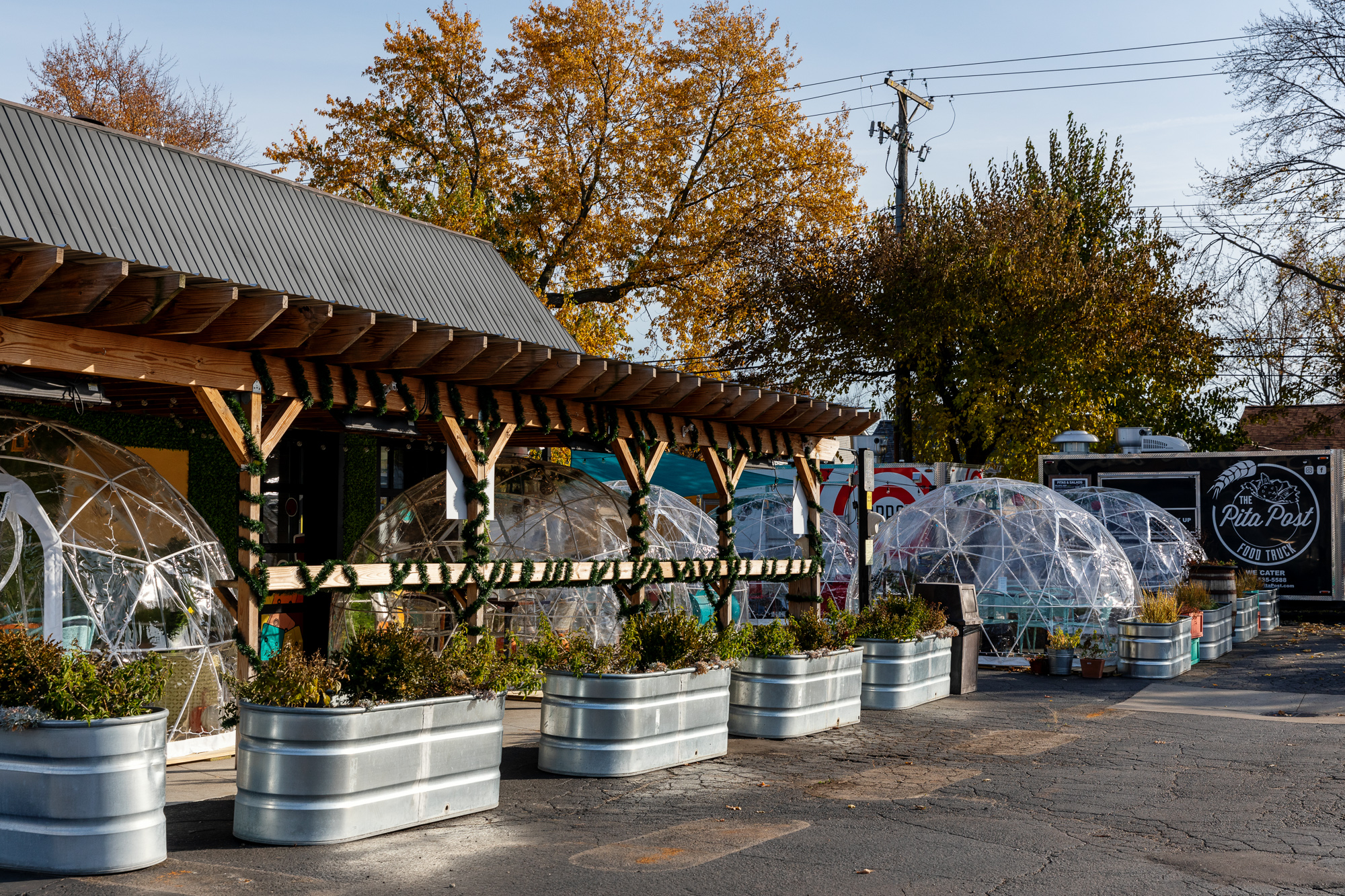 Igloos outside of Detroit Fleat on a sunny fall day. 