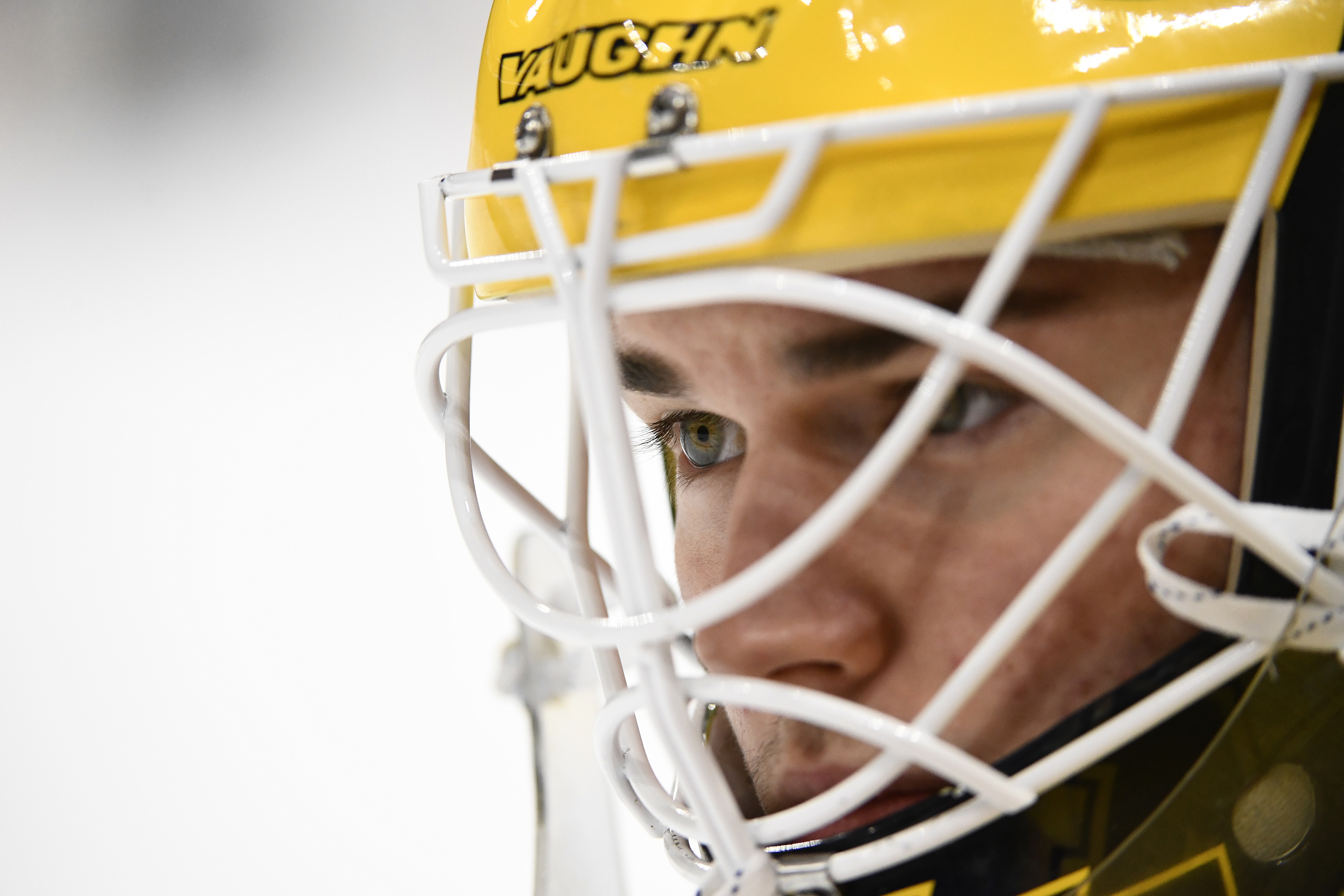 Jack LaFontaine #45 of the Michigan Wolverines concentrates on the ice against the Notre Dame Fighting Irish during the Division I Men’s Ice Hockey Semifinals held at the Xcel Energy Center on April 5, 2018 in St Paul, Minnesota.