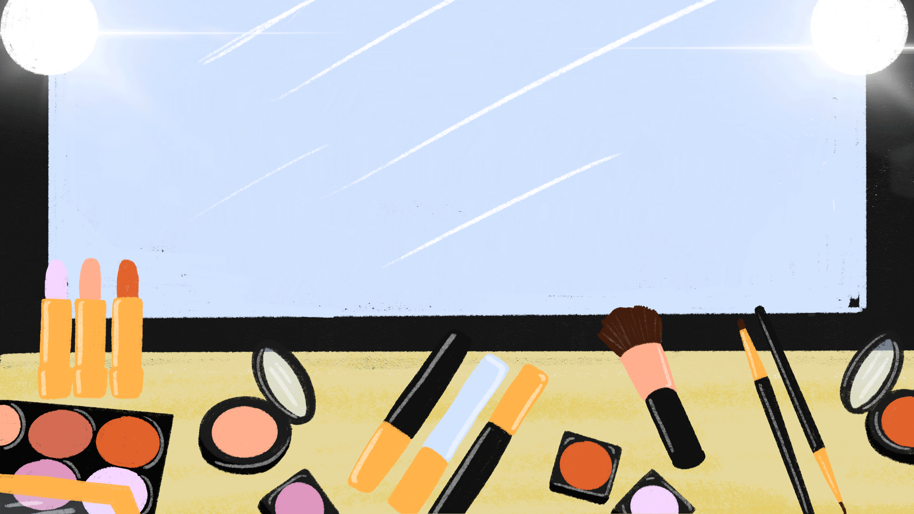 An illustration of makeup on a store counter with prices and arrows blinking above the objects.