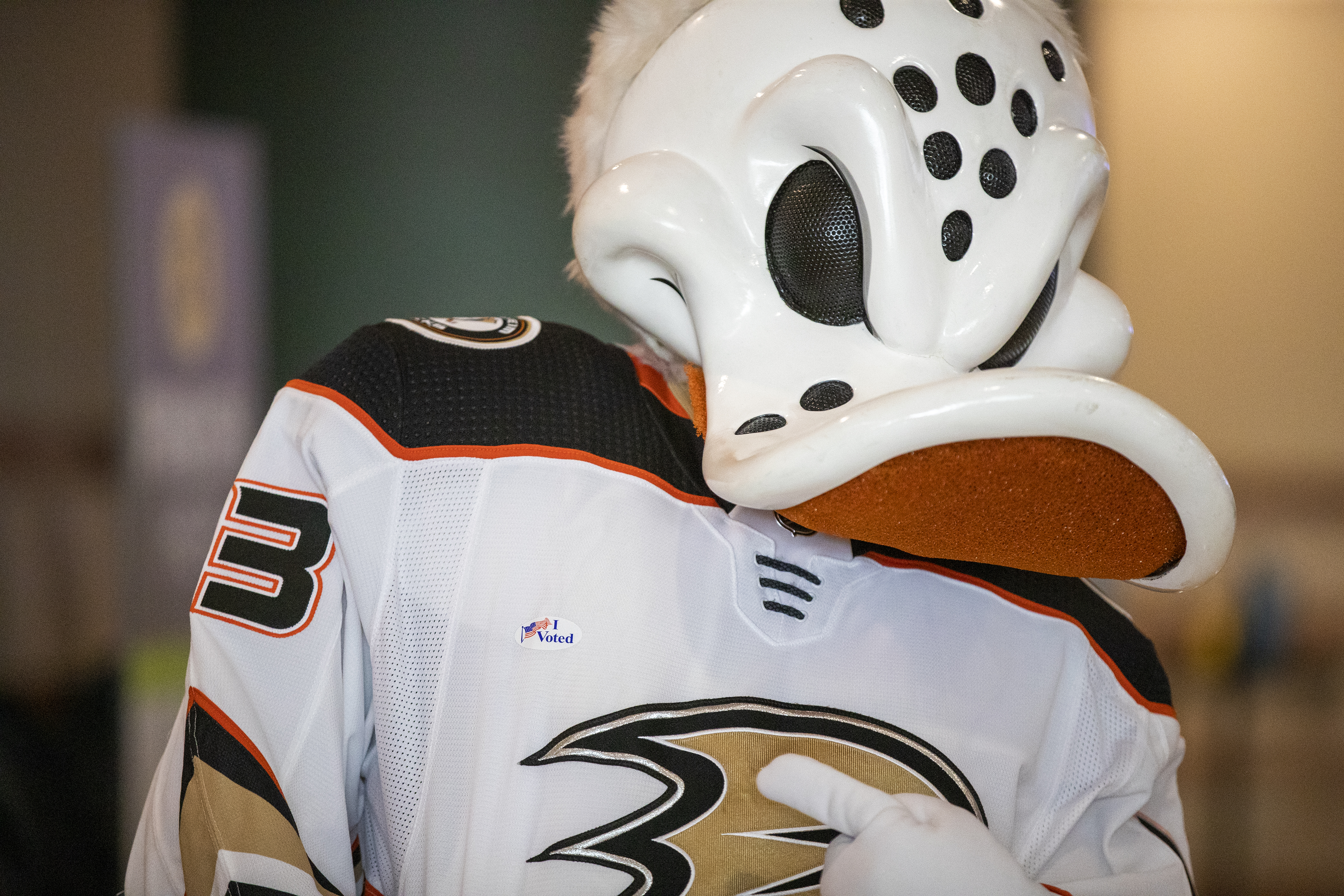 Ducks mascot Wild Wing shows off his I Voted sticker as he demonstrates how to vote during a media preview Wednesday, September 16, 2020 to showcase how the “Super Vote Center Site” will work at Orange County’s Honda Center.&nbsp;