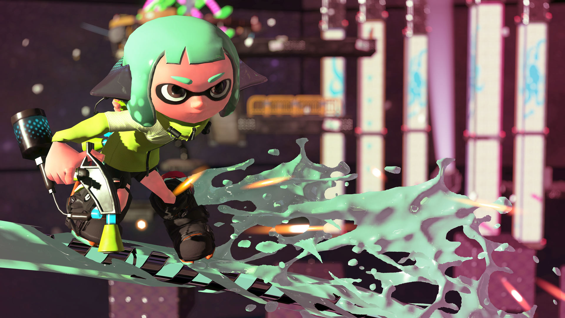 A Splatoon character with green hair spurts  green paint from a weapon.