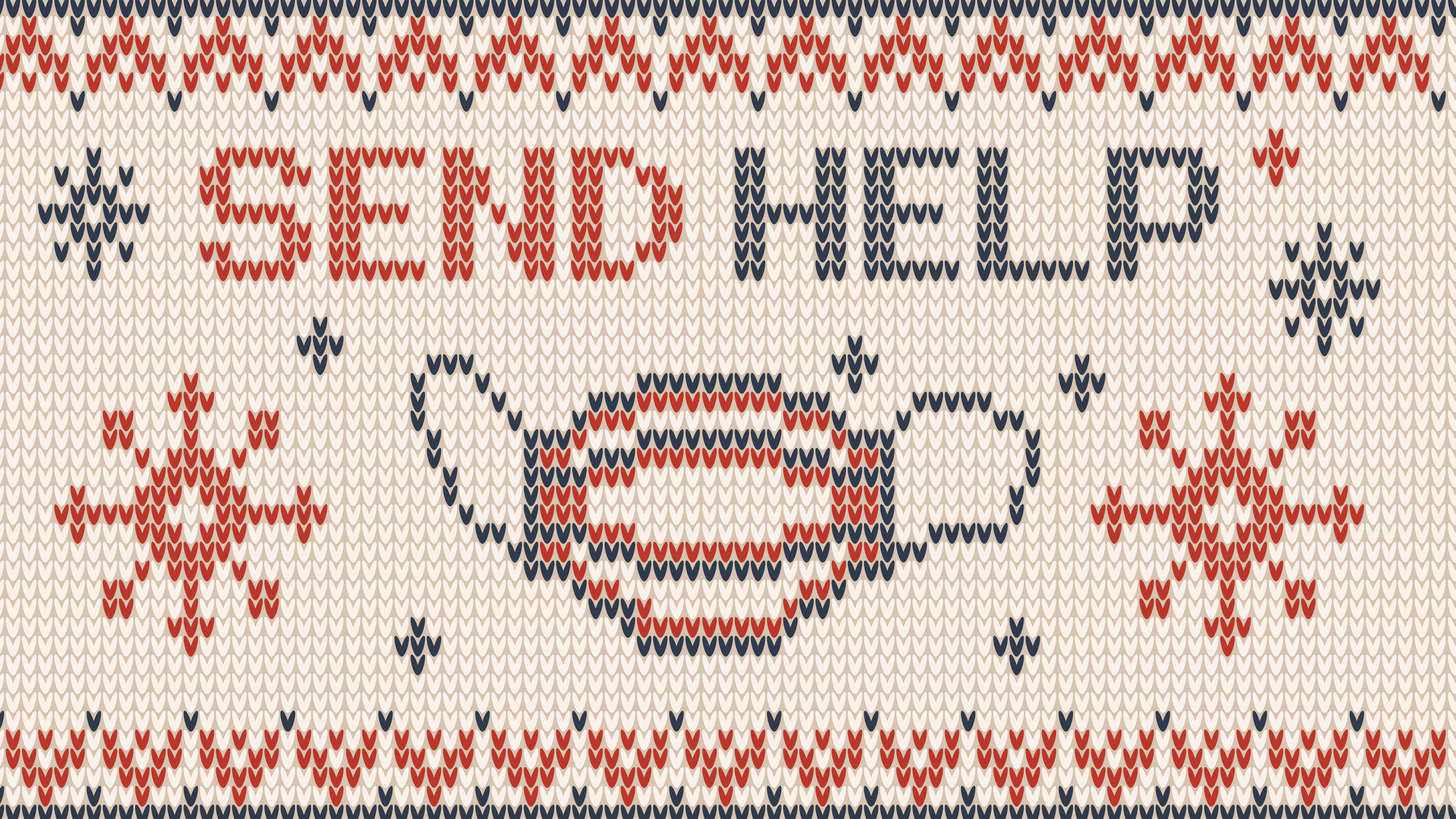 a cross-stitch with a picture of a mask reading “SEND HELP,” flanked by two cross-stitched patterns that might be snowflakes but might be coronavirus