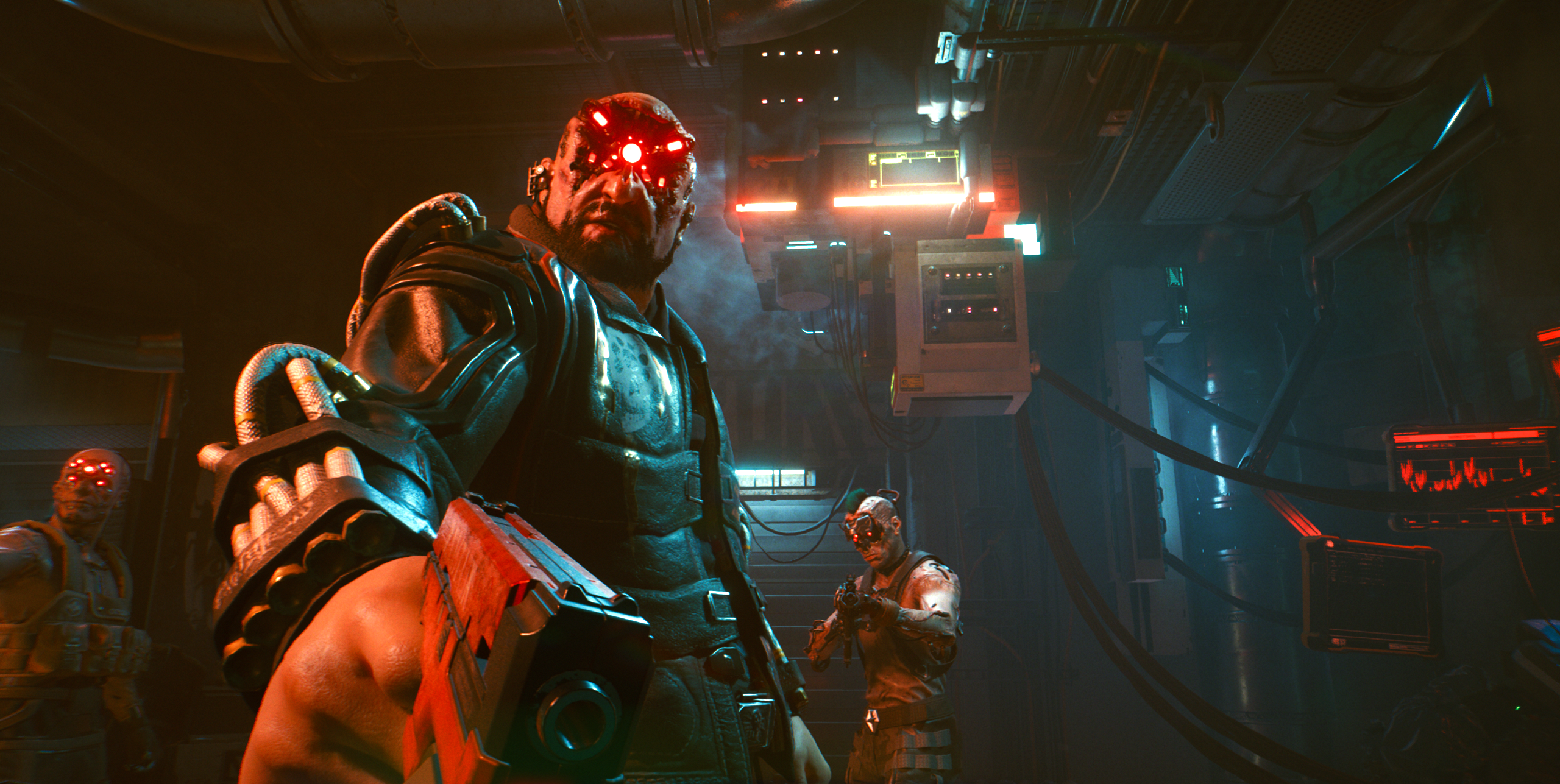 A bad guy points his gun at V, the main character in Cyberpunk 2077