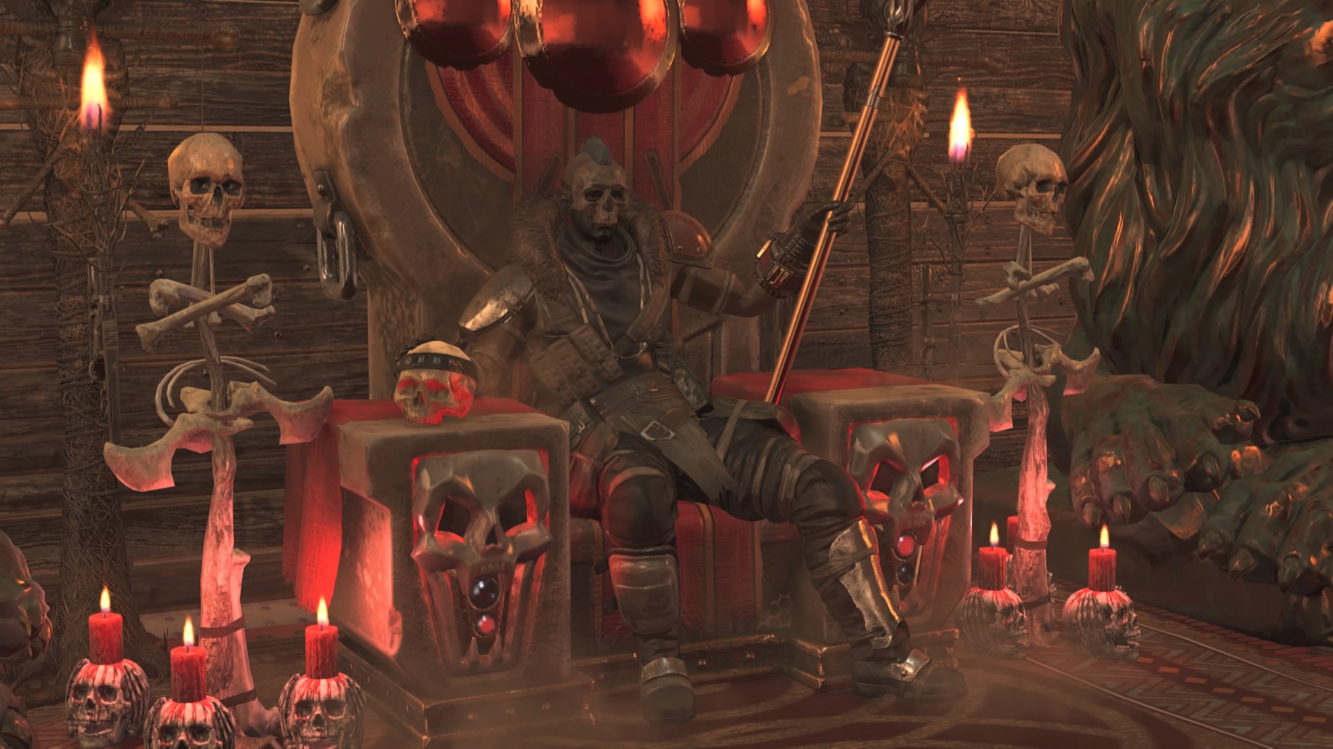 Fallout 76 - a player, dressed as a raider chief, sits on a throne of bones