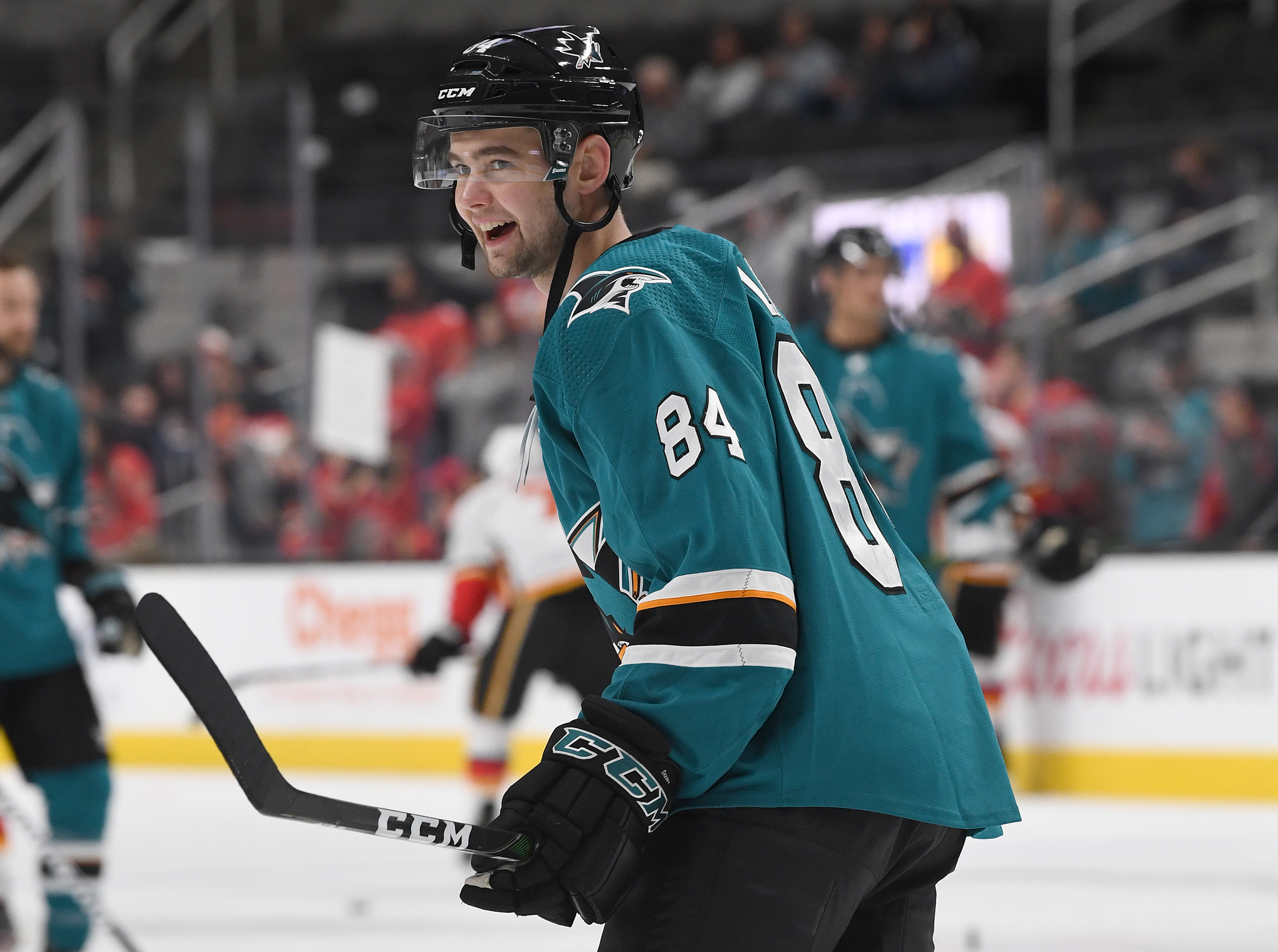 Maxim Letunov #84 of the San Jose Sharks warms up in pregame warm ups prior to the start of an NHL hockey game against the Calgary Flames at SAP Center on February 10, 2020 in San Jose, California.