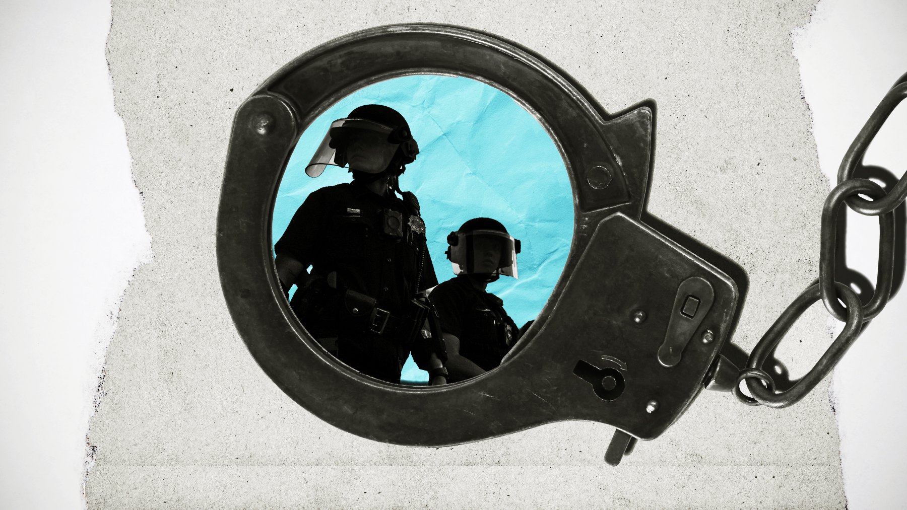 An illustration  showing police officers framed inside the circle of a handcuff.