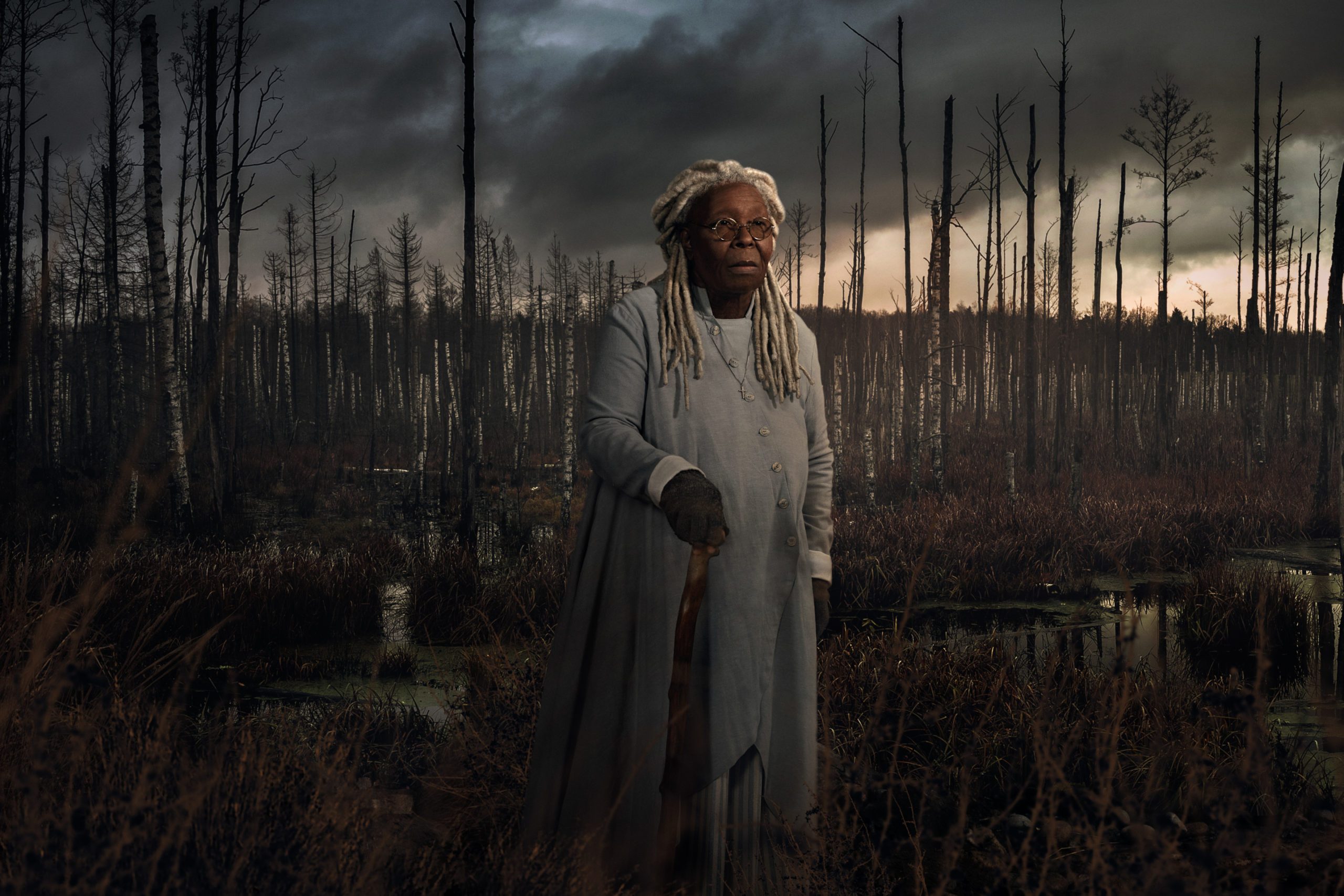 Whoopi Goldberg as Mother Abigail&nbsp;in a burnt up forest in The Stand