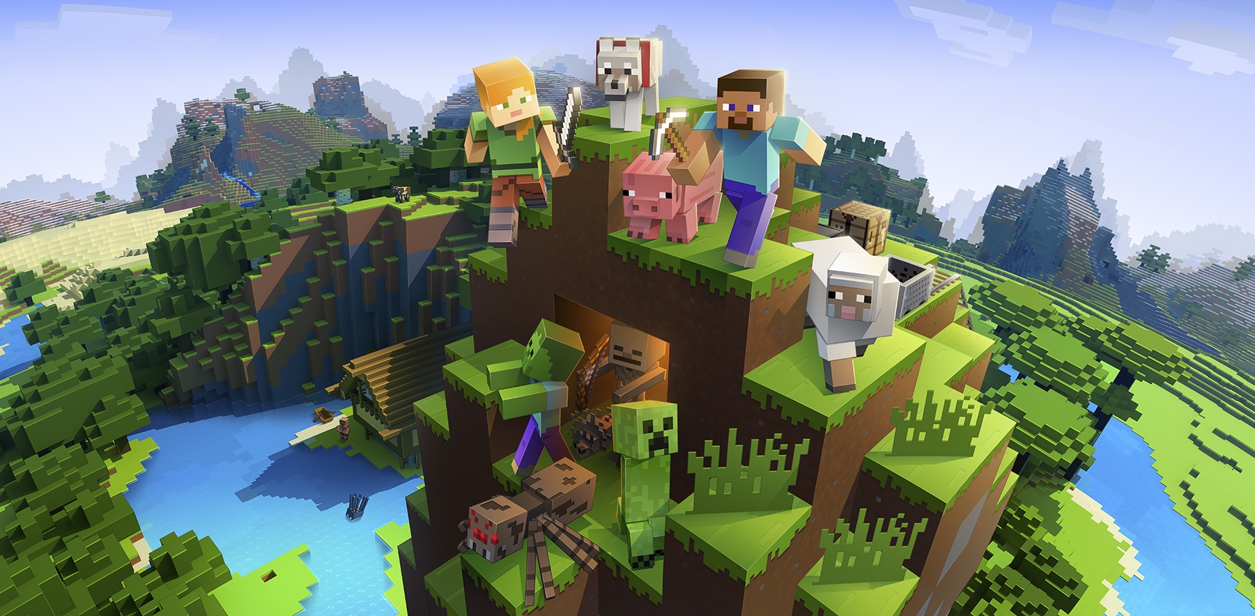 Artwork of Minecraft featuring Steve, Alex, pig, a Creeper and more on a blocky mountain.