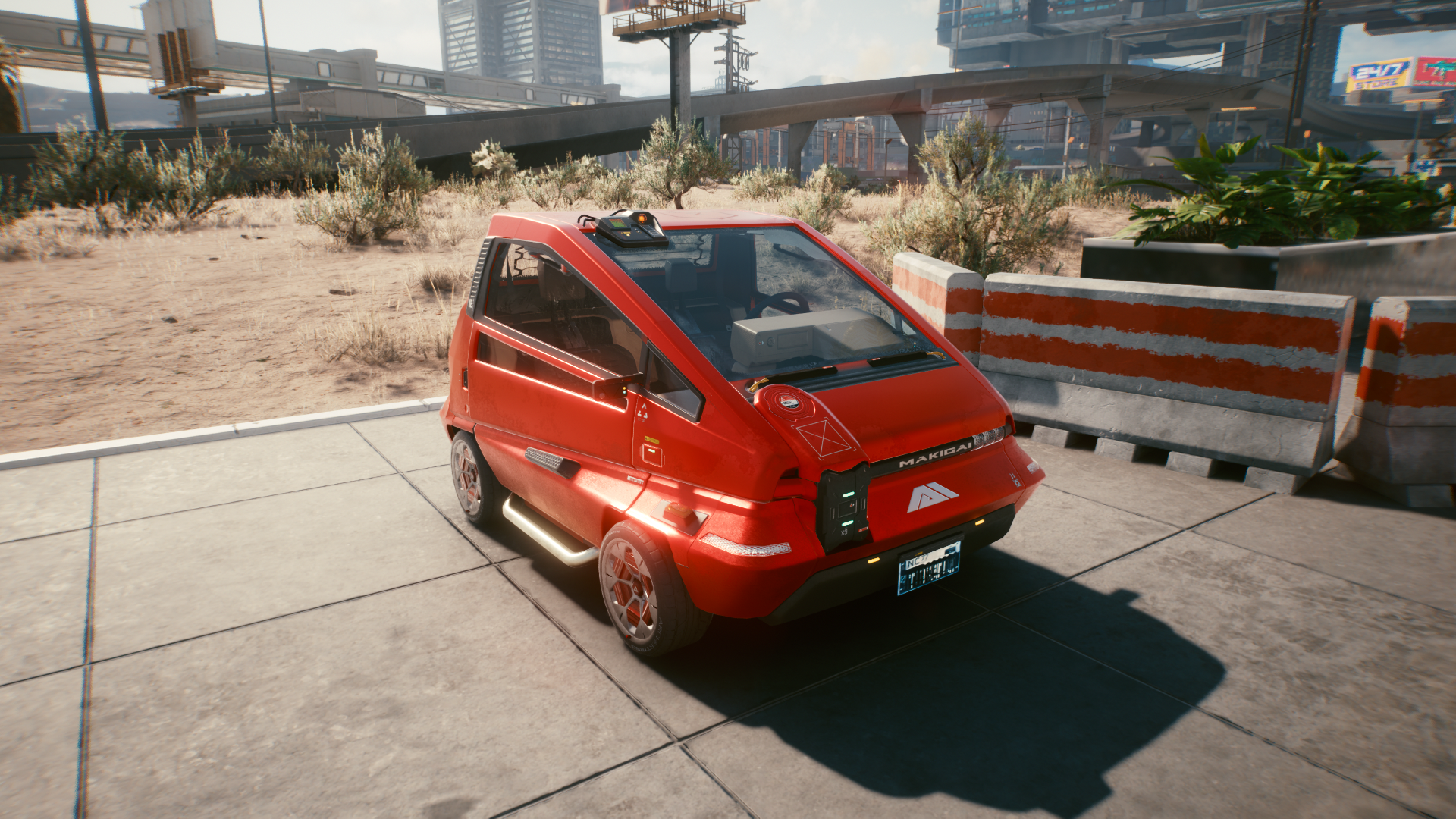 A small red car in Cyberpunk 2077
