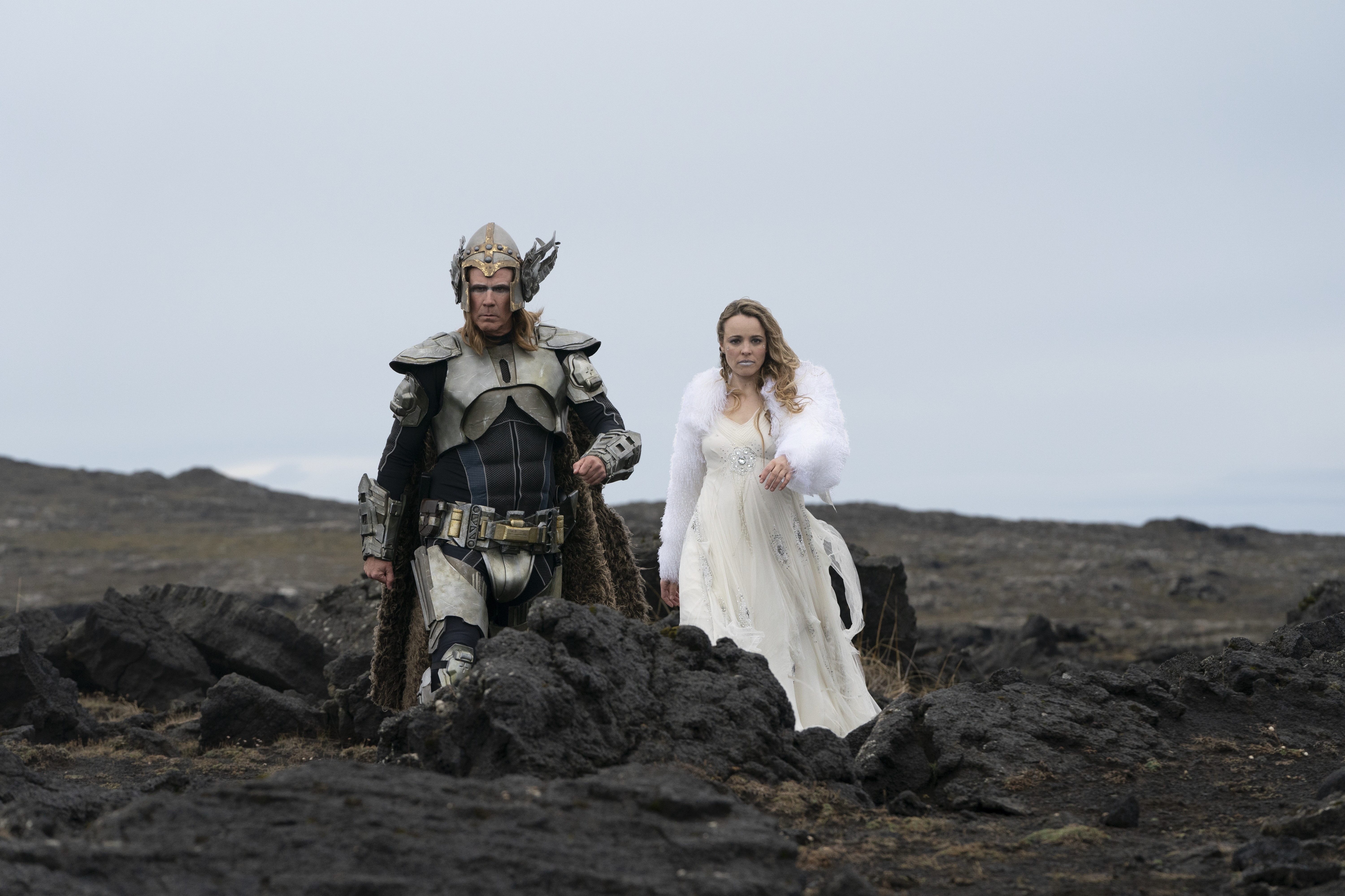 Will Ferrell as Lars Erickssong and Rachel McAdams as Sigrit Ericksdottir walk on an icelandic beach in Eurovision
