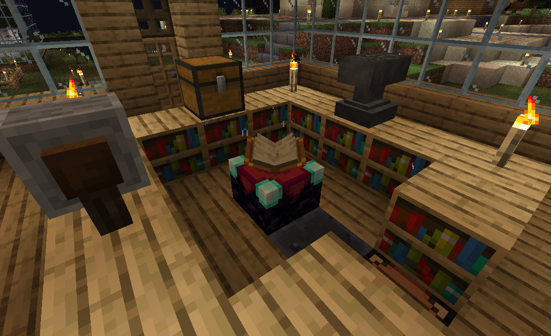 An Enchantment Table surrounded by Bookshelves and other tools in Minecraft