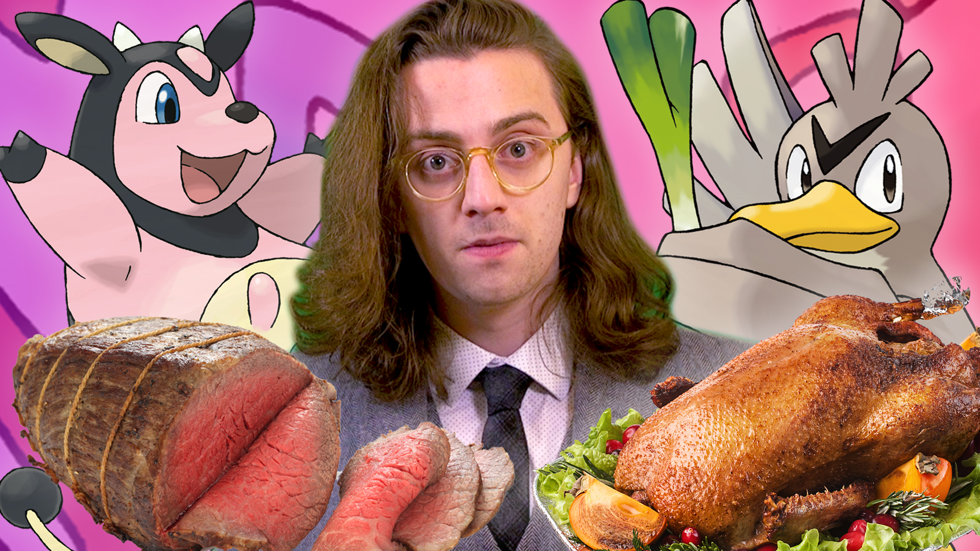Brian David Gilbert looks dejectedly at the camera. He is surrounded by the Pokémon Miltank and Farfetch’d along with slab of roast beef and a roasted duck.