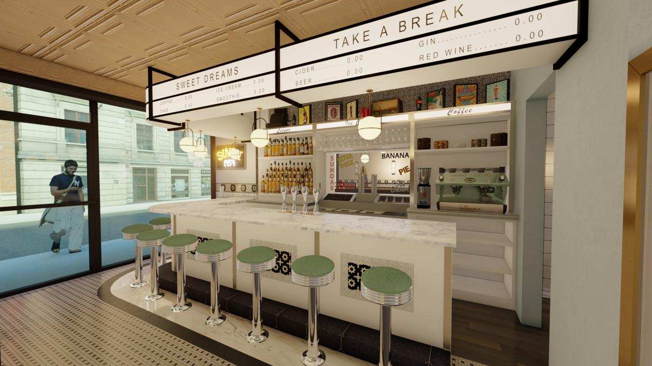An retro diner interior set up with teal and stainless steel stools positioned around a white bar with goods for sale in the background