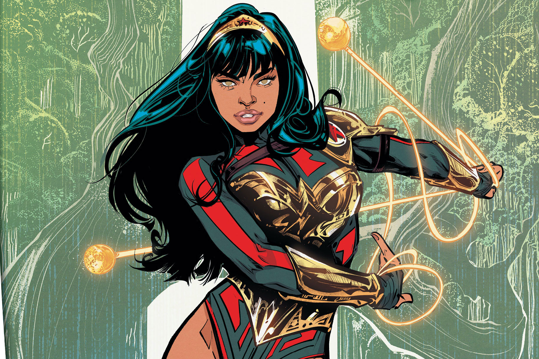 Yara Flor, with long black hair and brown skin, wields a glowing golden bola, wearing a tiara and gold, red, and black armor, on the cover of Future State: Wonder Woman #1, DC Comics (2021).