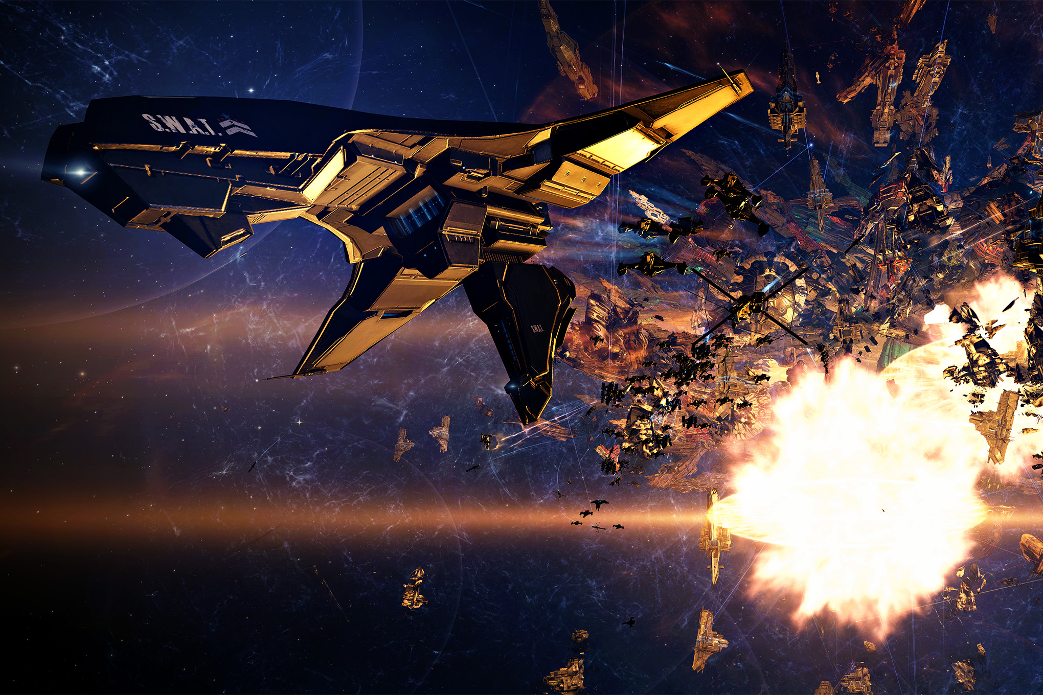A cropped version of a ship flying away from explosions during Round 2 of the M2 battle in 2021.