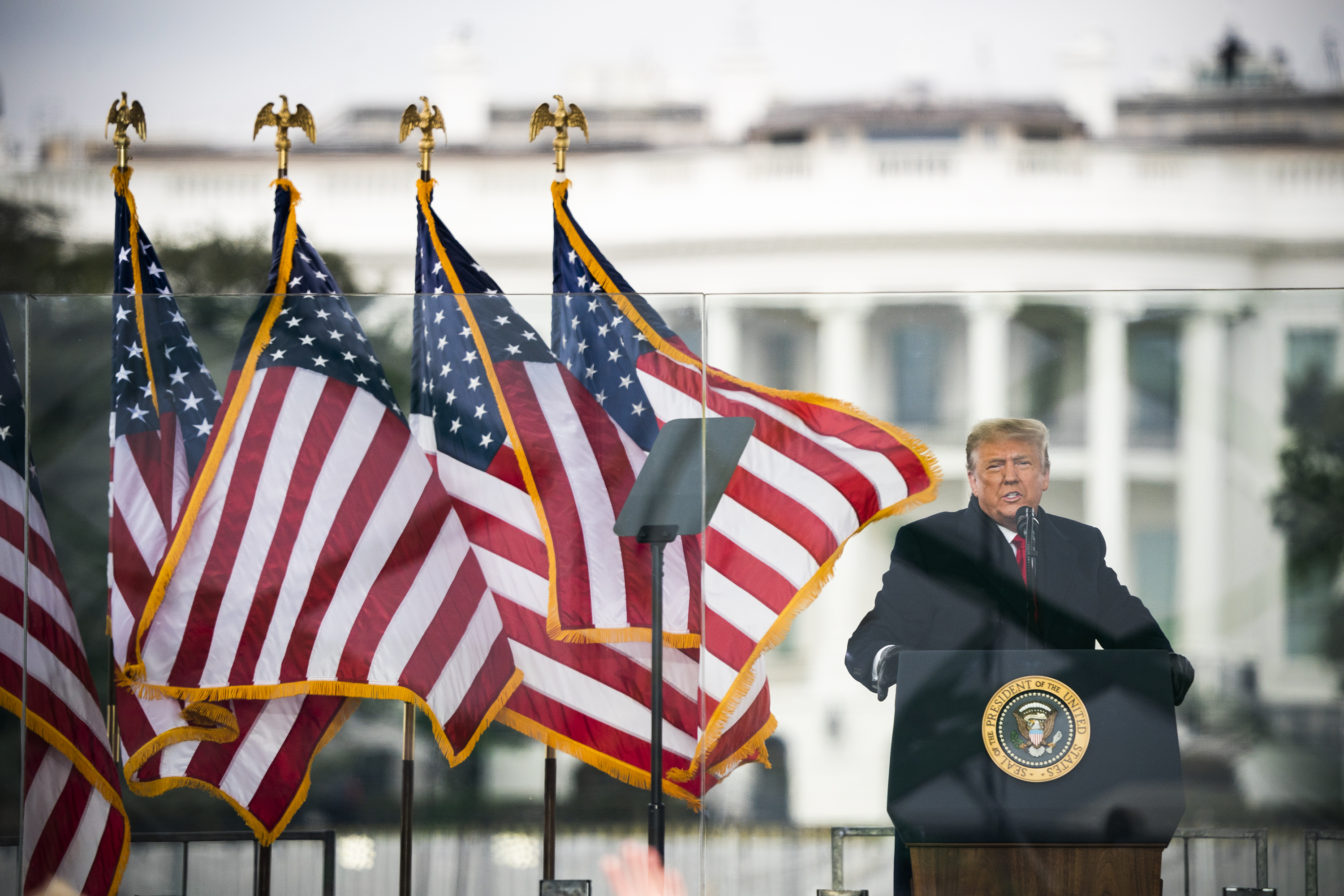 President Donald Trump Stands Behind a Lectern Flanked by American Flags
