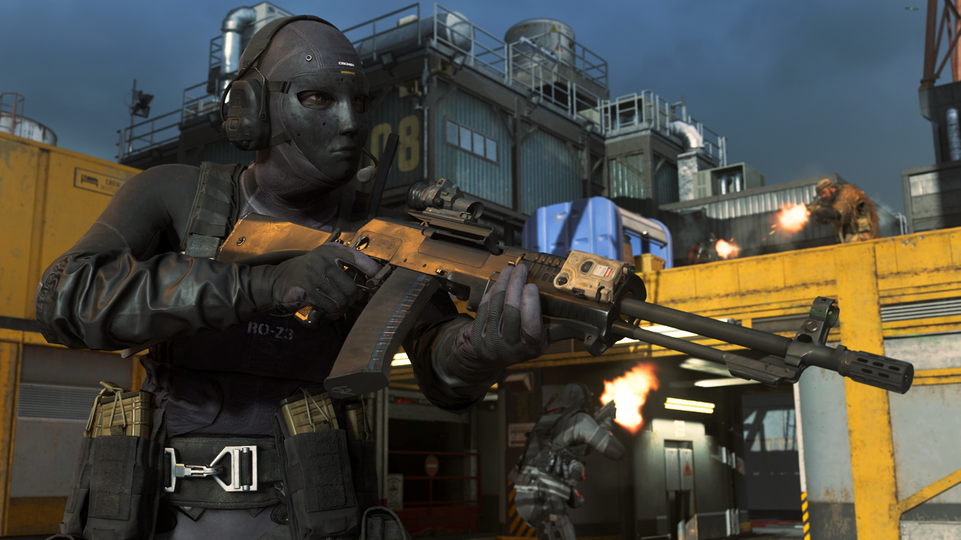 A Call of Duty: Warzone player stands on an oil rig with an LMG