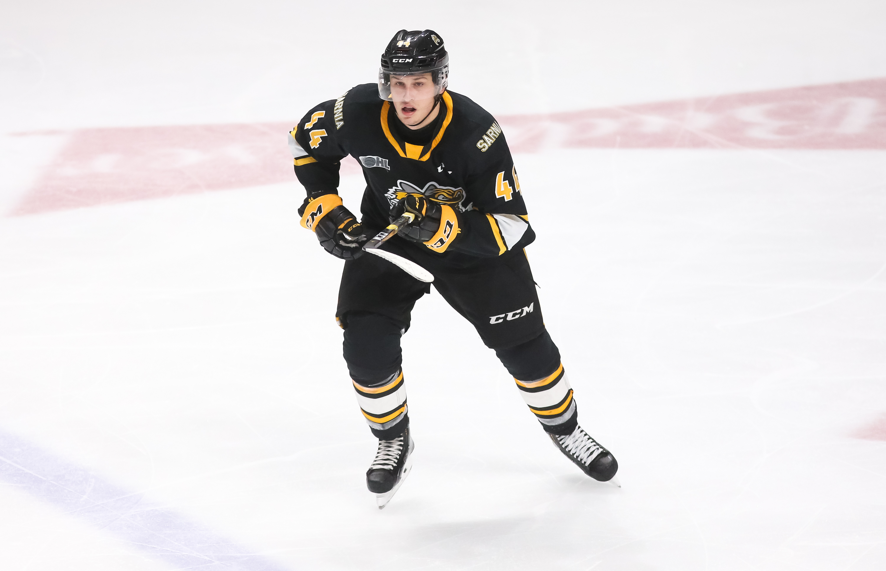 Jacob Perreault #44 of the Sarnia Sting skates during an OHL game against the Oshawa Generals at the Tribute Communities Centre on October 18, 2019 in Oshawa, Ontario, Canada.