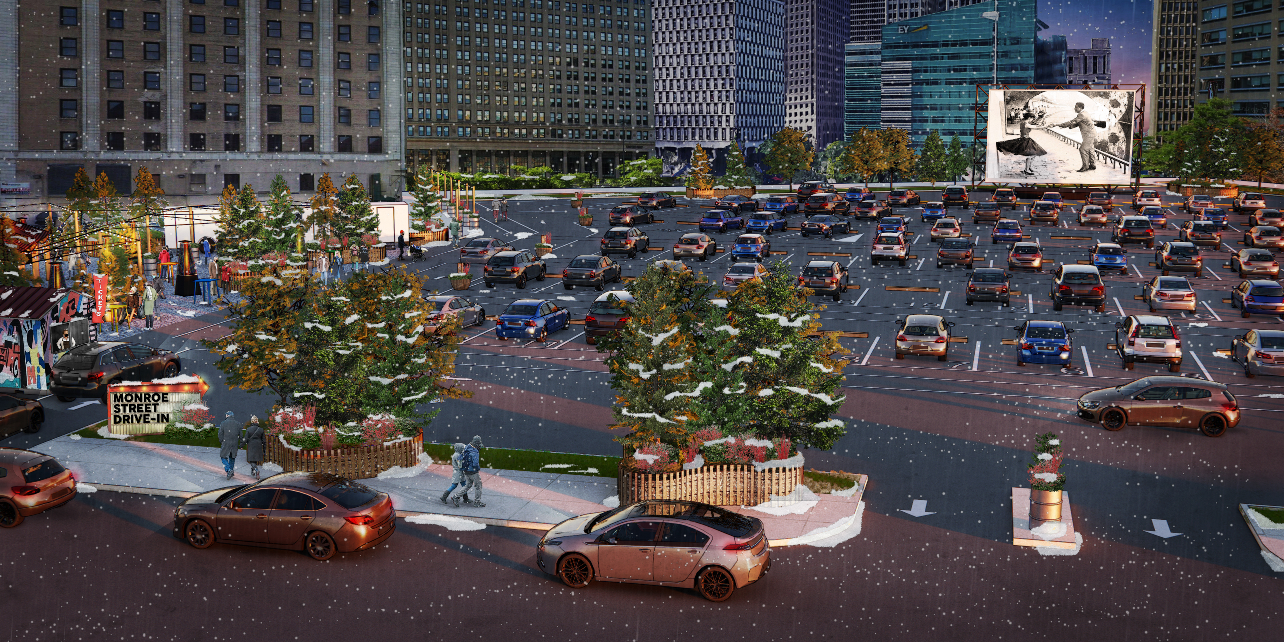 A rendering of cars parking at the Monroe Street Drive-in theater in downtown Detroit on a snowy day. 