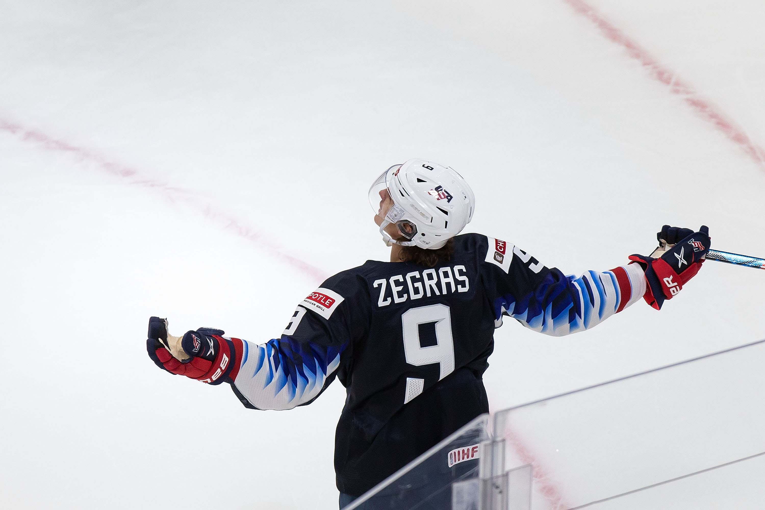 Trevor Zegras #9 of the United States celebrates a goal against the Czech Republic during the 2021 IIHF World Junior Championship at Rogers Place on December 29, 2020 in Edmonton, Canada.