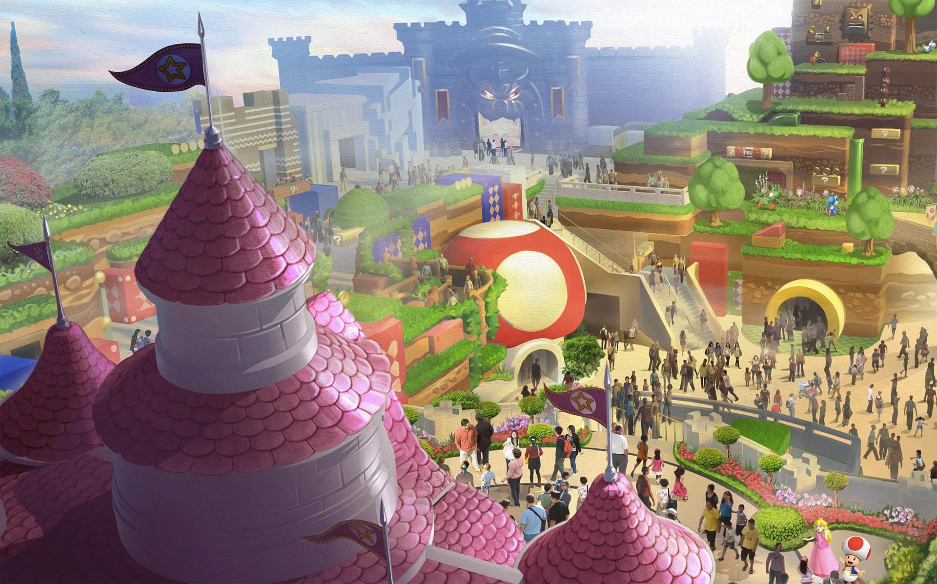 a render of the Super Nintendo World theme park, with Peach’s castle overlooking the rest of a theme park crowded with people