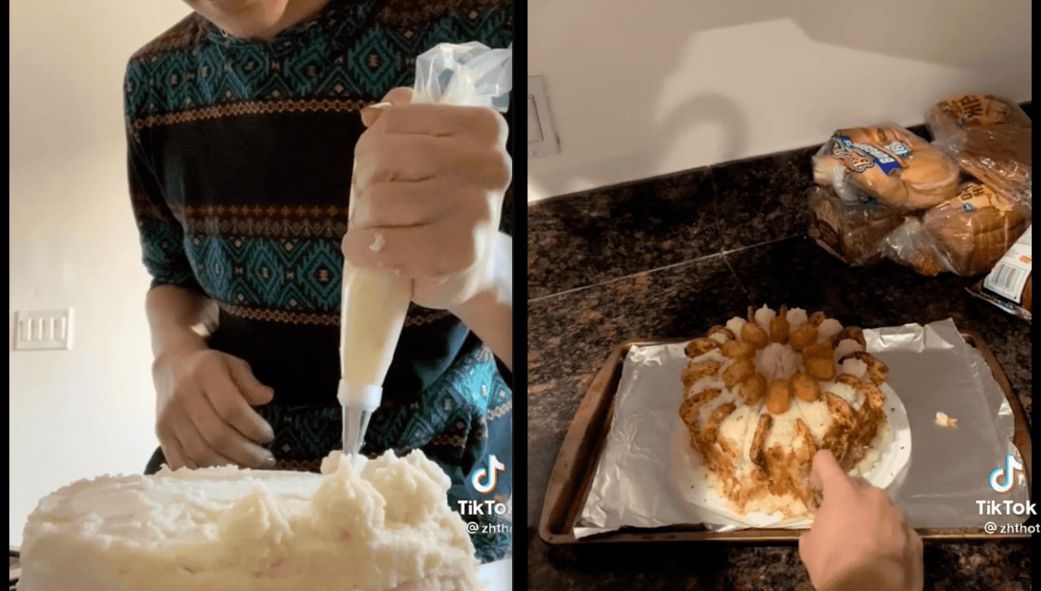 Two side-by-side gifs of a TikTok. On the left, a young man decorates a mound of potatoes with a piping bag. On the right, he cuts into a potato cake decorated with hash brown flakes.