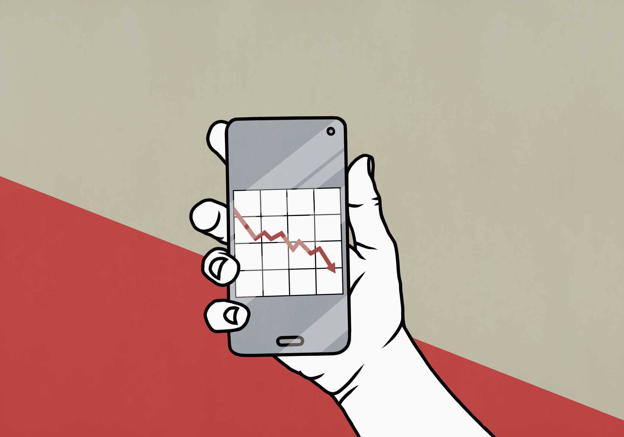 A drawing of a hand holding a smartphone displaying a downward-trending graph.