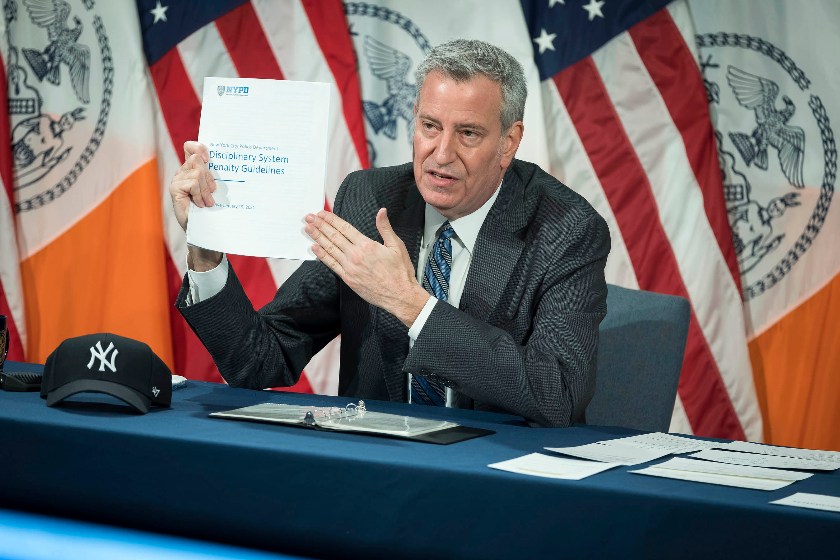 Mayor Bill de Blasio speaks at City Hall about new NYPD disciplinary guidelines, Jan. 19, 2021.