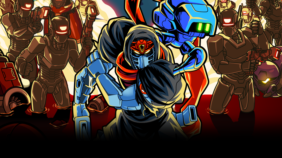 Promotional art from Cyber Shadow that shows a Ninja standing in front of an army of robots