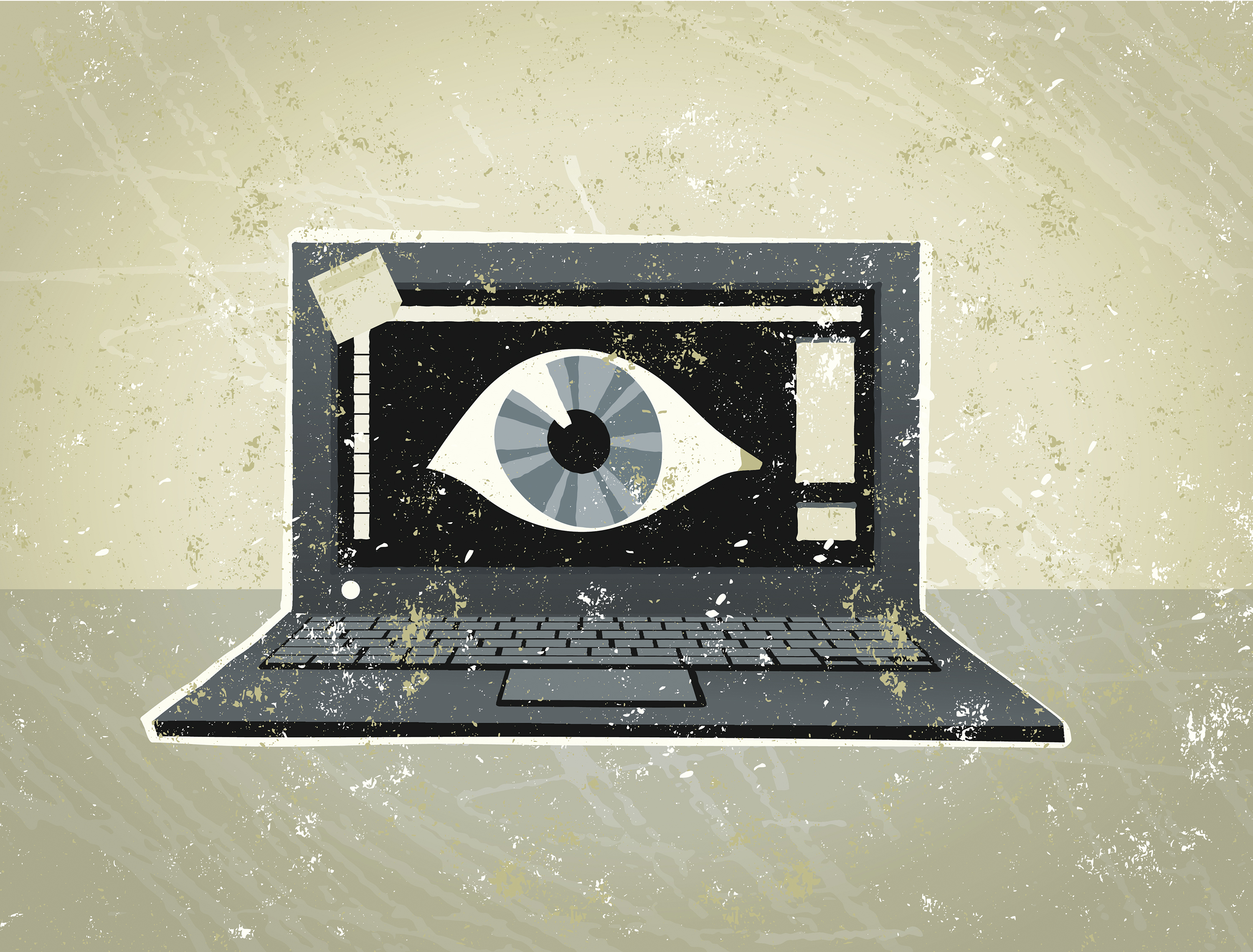 A drawing of a laptop computer with an eyeball on its screen.
