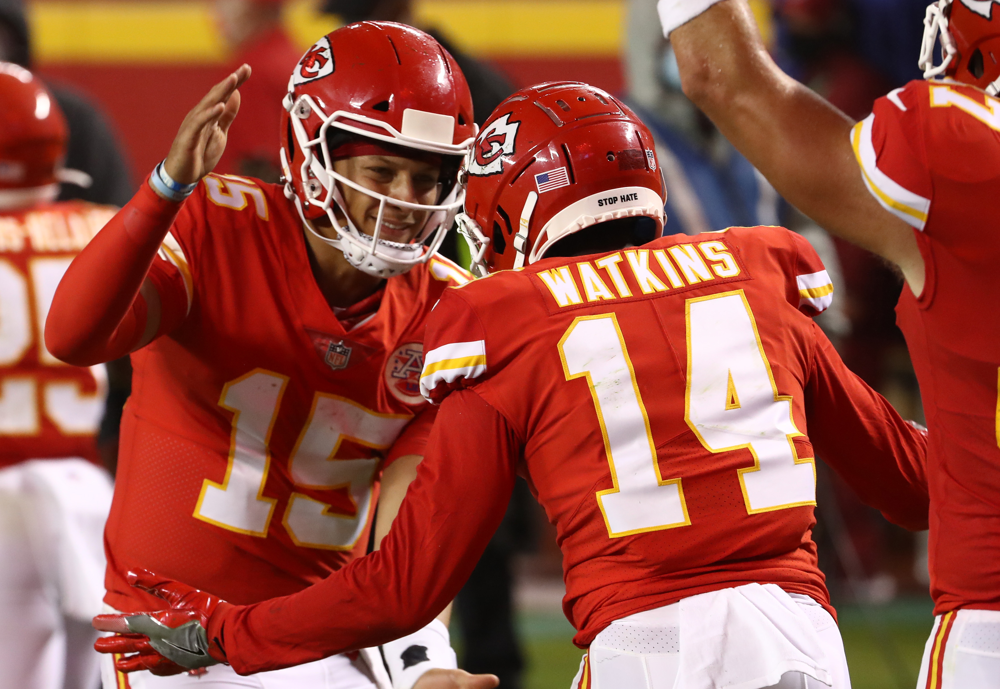 Patrick Mahomes #15 celebrates a touchdown with teammate Sammy Watkins #14 of the Kansas City Chiefs during the second quarter against the Houston Texans at Arrowhead Stadium on September 10, 2020 in Kansas City, Missouri.
