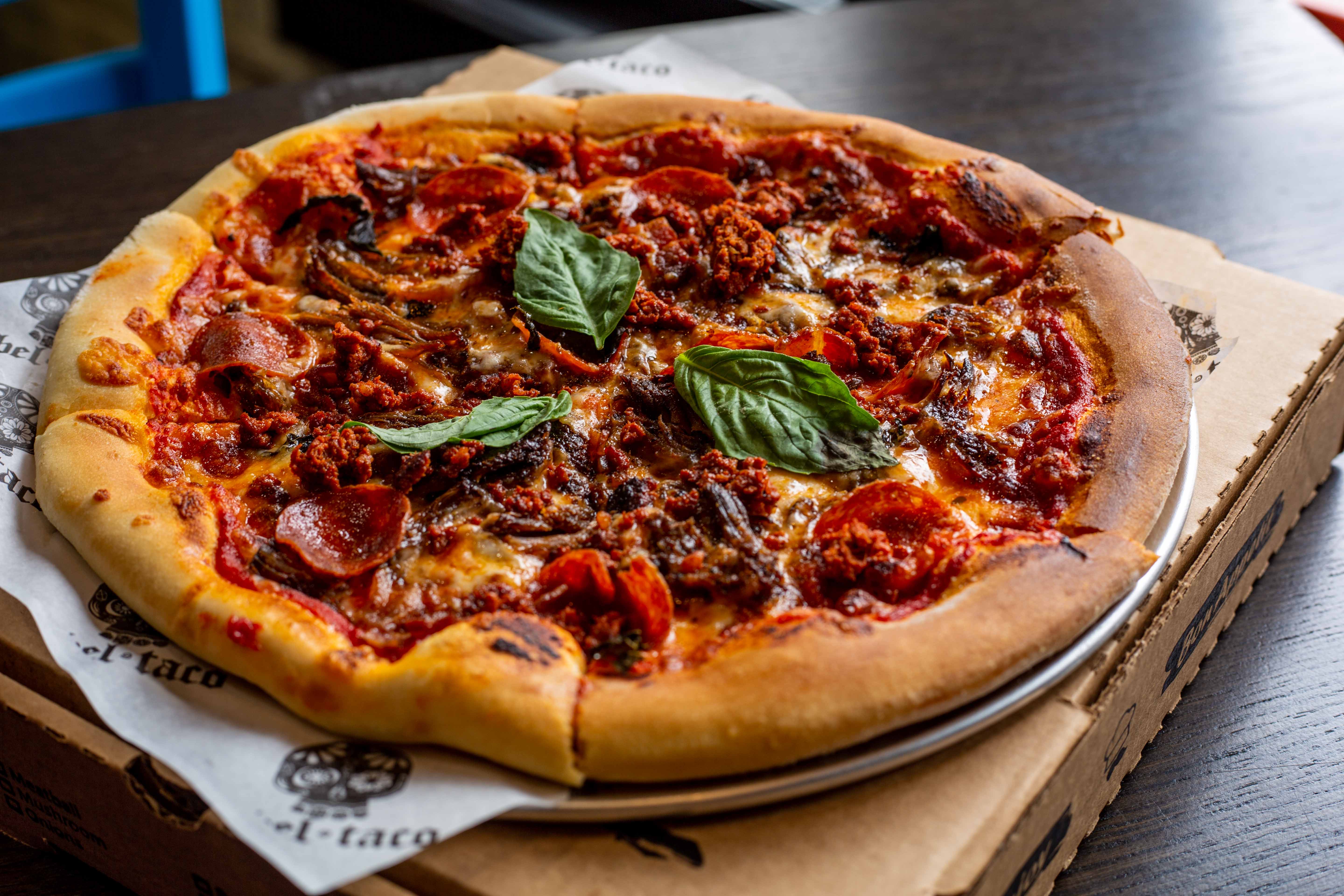 The “Meat Affair” pie at Rebel Margherita is a meaty compilation of barbacoa, Mexican chorizo, and pepperoni.