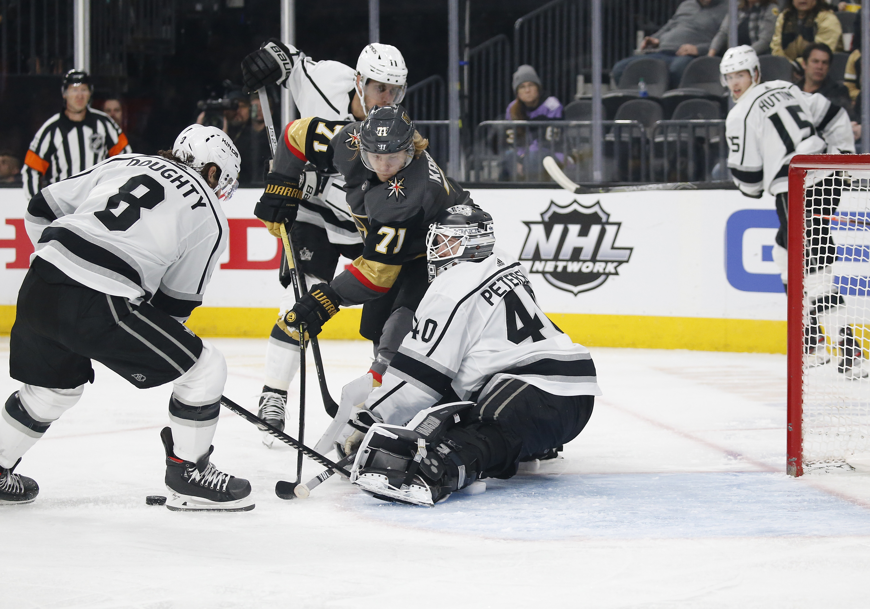 Los Angeles Kings goaltender Calvin Petersen (40) blocks a shot from Vegas Golden Knights center William Karlsson (71) during the second period of a regular season game Sunday, March 1, 2020, in Las Vegas.