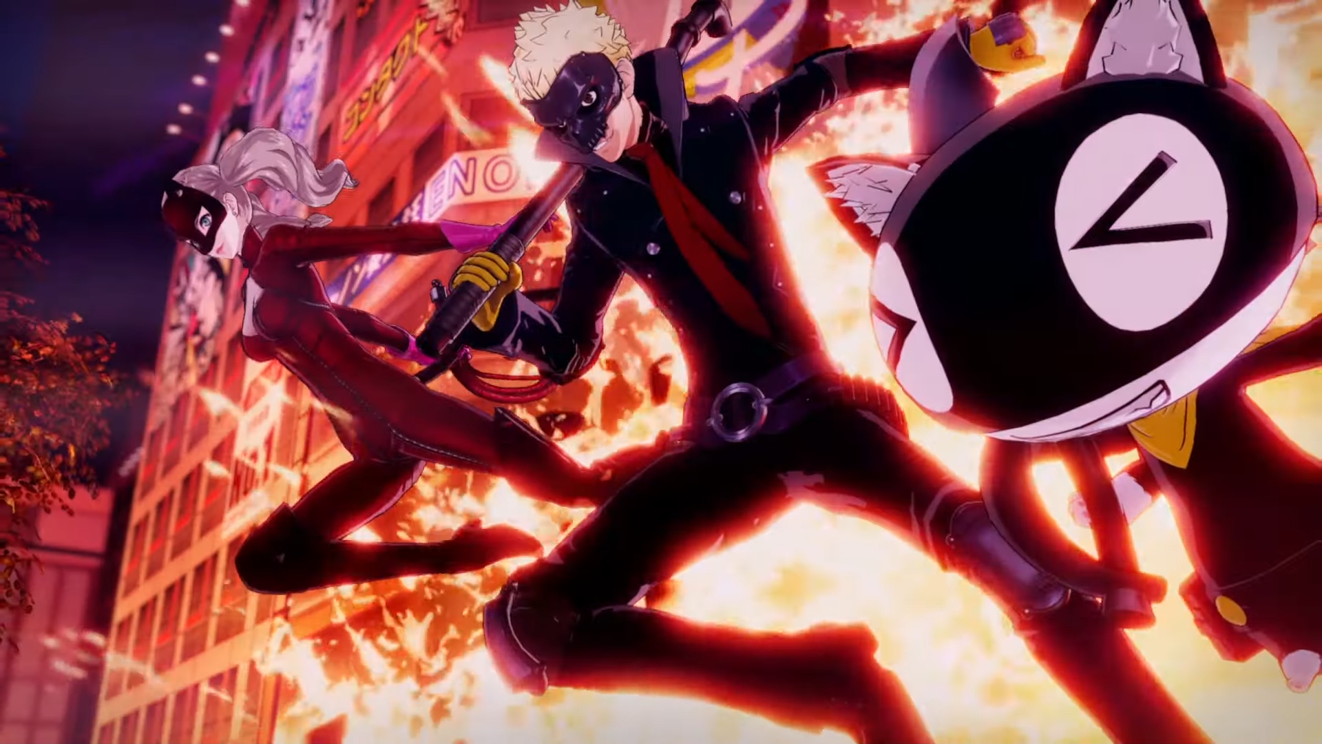 Ryuji, Ann, and Morgana blow through a building in Persona 5 Strikers