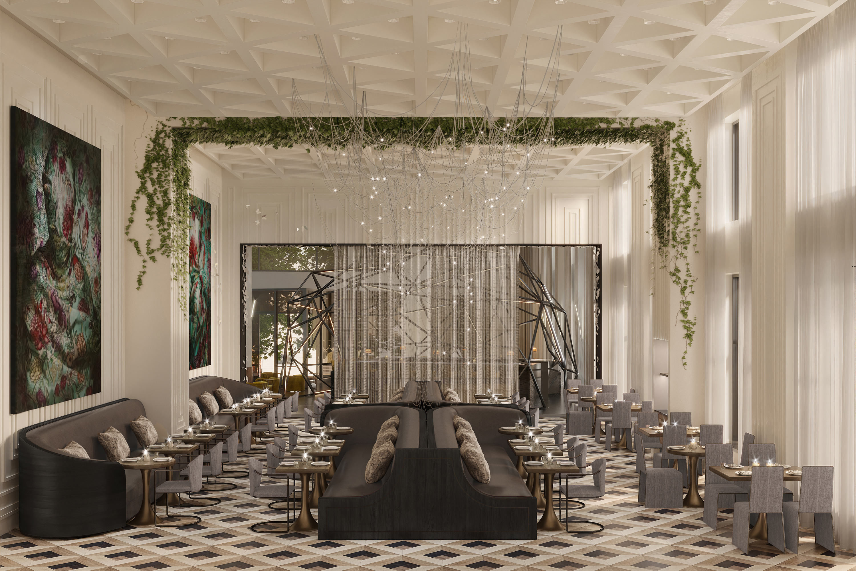A rendering of Madam at the Daxton Hotel features long plants hanging across the ceiling next to a large window.