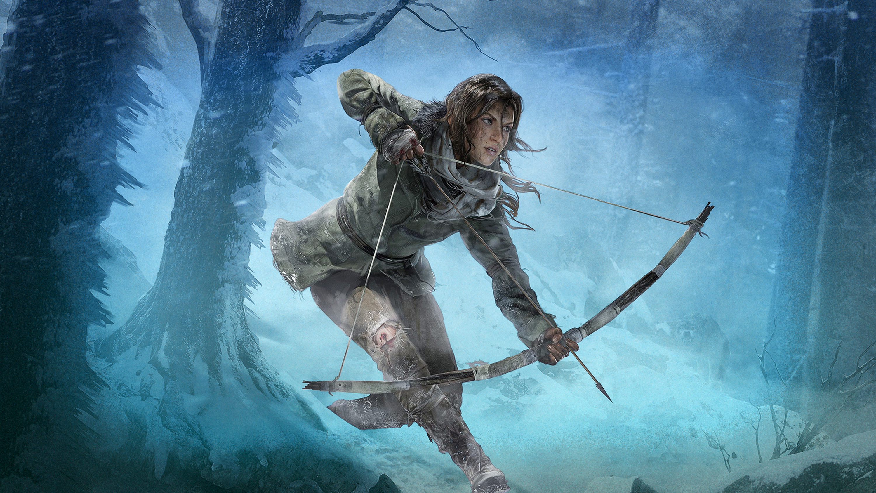 Lara Croft character running through snowy woods and drawing a bow