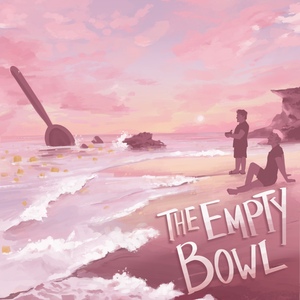 An illustration of a beach in tones of pink and orange. Justin Mcelroy is standing looking at the ocean with a bowl of cereal in his hands. Dan Goubert is sitting on the beach with his eyes closed. There’s a giant spoon sticking up in the ocean and giant pieces of cereal floating in the water.