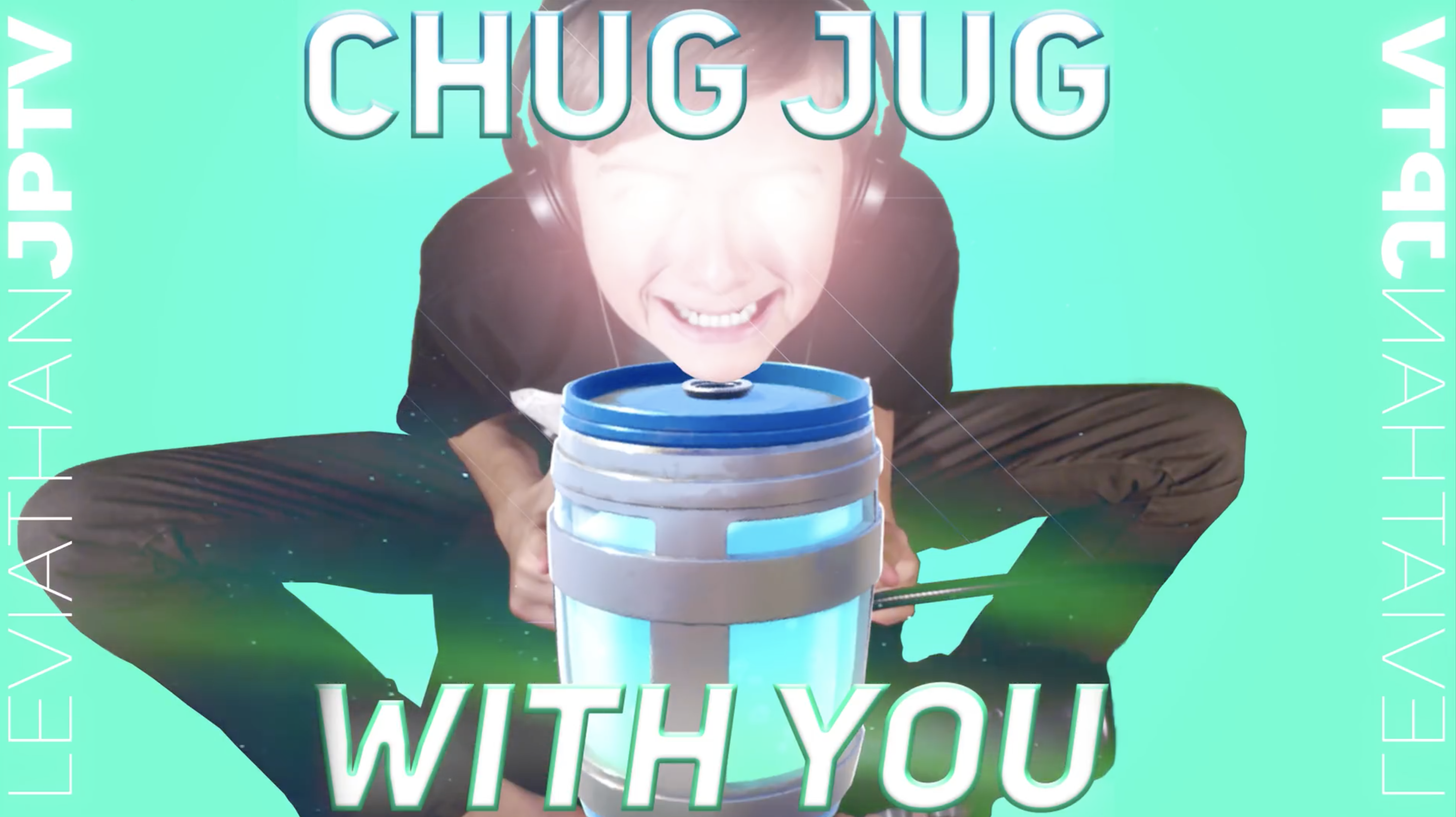 It’s a young boy with ridiculous glowing eyes, sitting over a giant container of chug jug. 