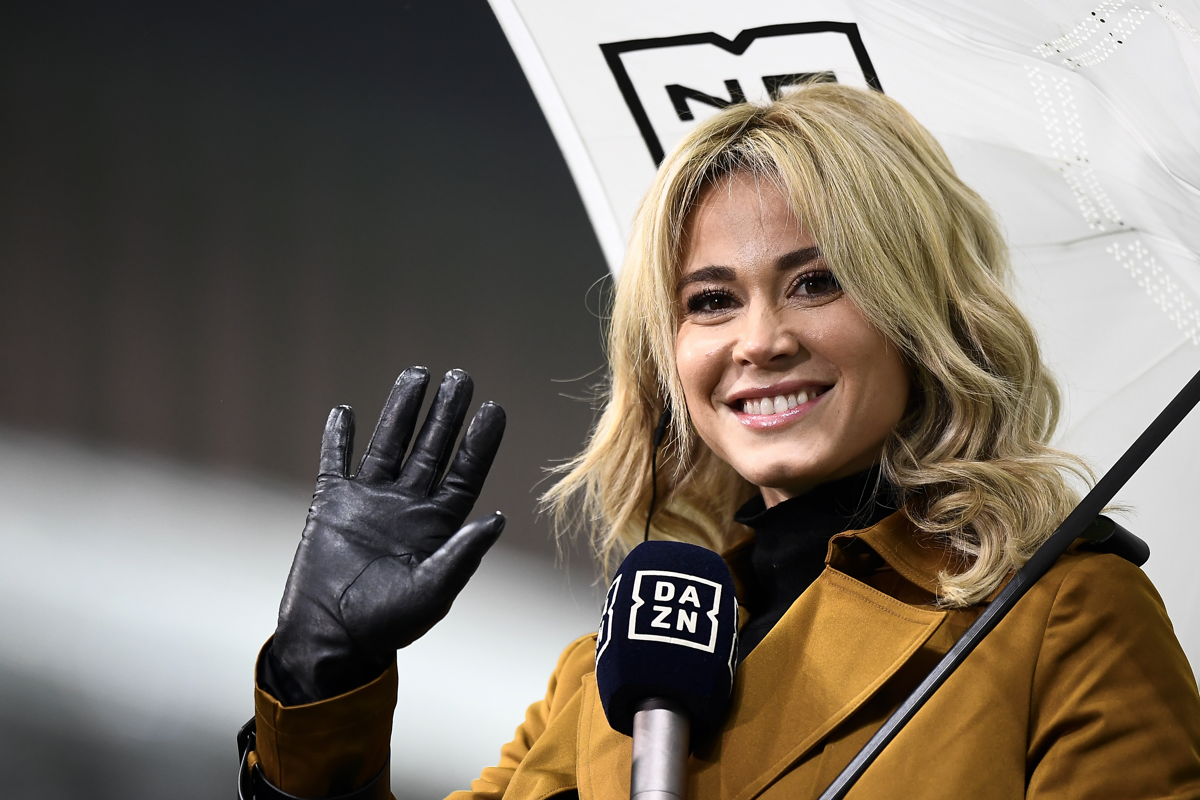 Diletta Leotta, anchor of DAZN broadcasts, gestures prior to...