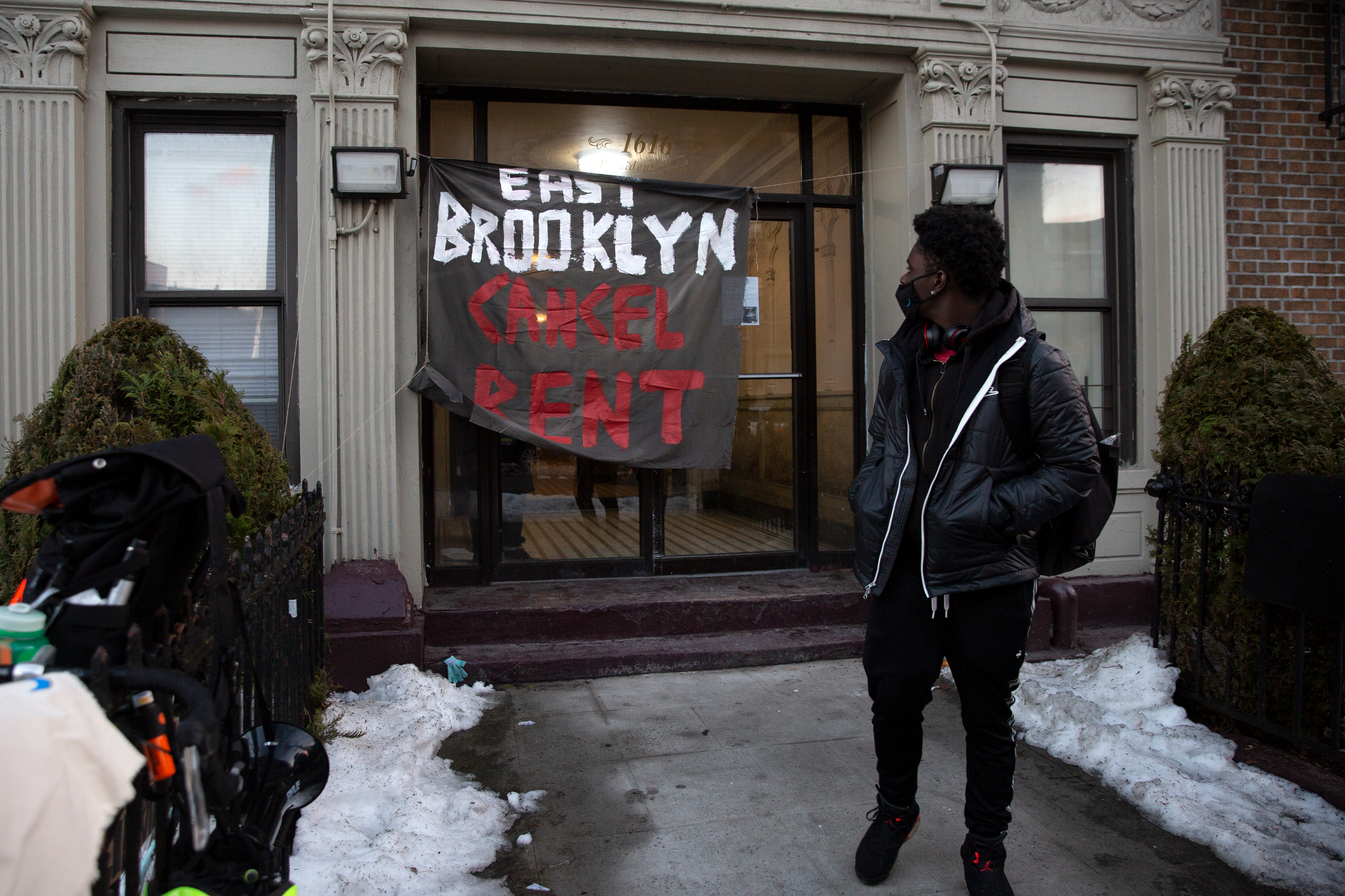 Crown Heights residents protest against their landlords attempts to evict a tenant, Feb. 17, 2021.