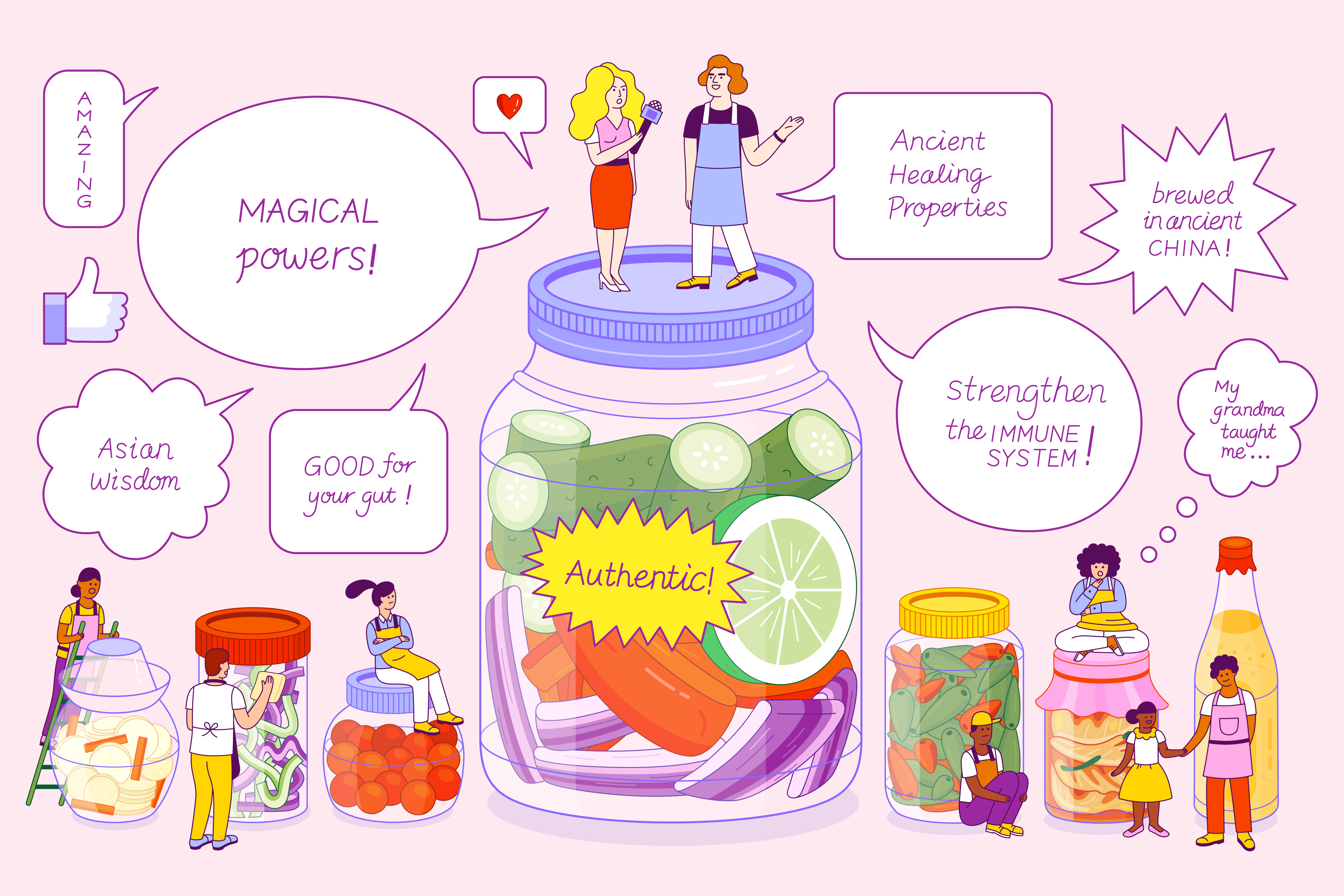 Jars of fermented foods with two white people standing on top of the largest one and people of color on top of or near the smaller ones. Thought and voice bubbles with claims like “magical powers,” “strengthens the immune system,” and “ancient healing properties” hover in the background.